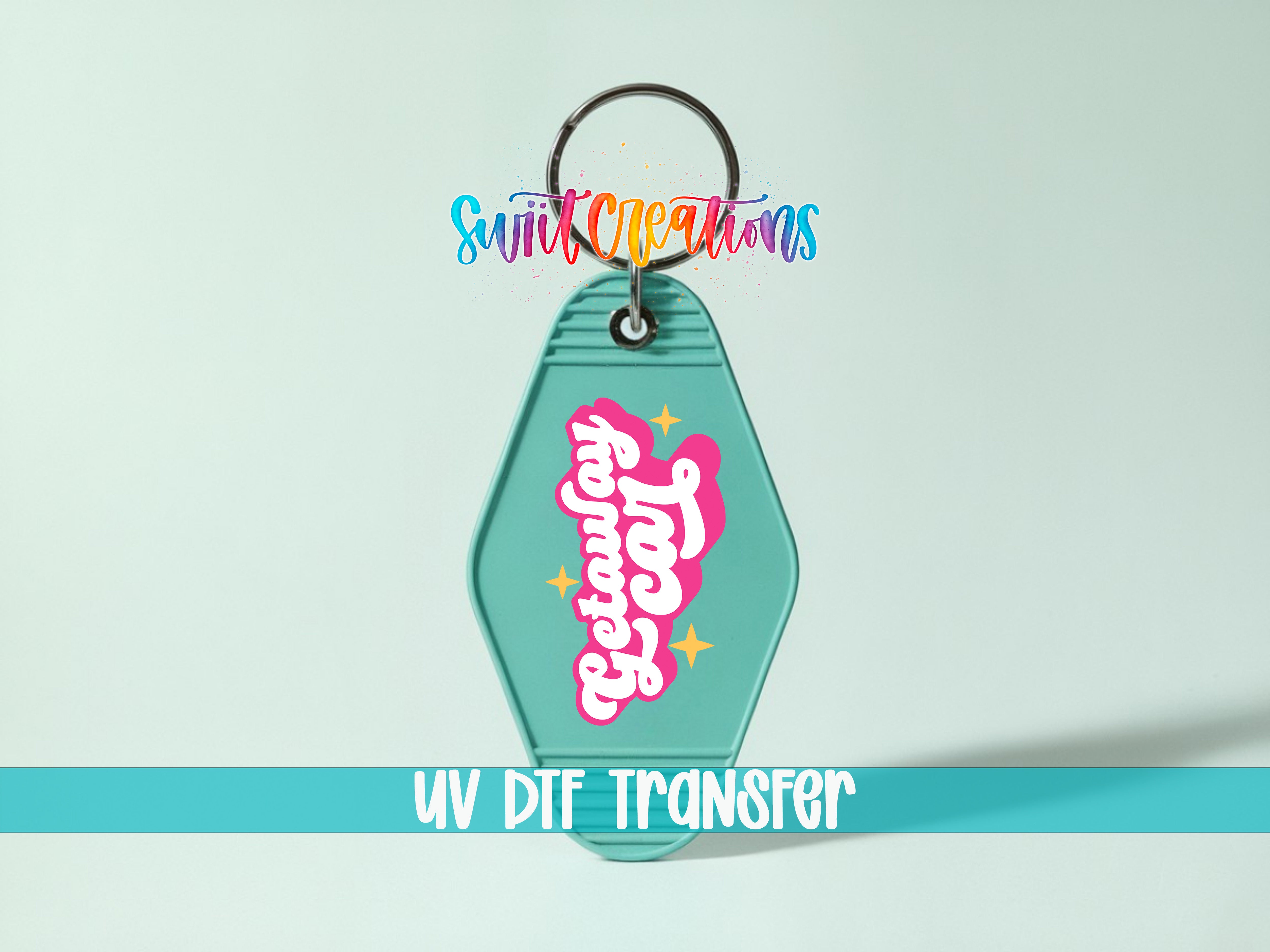 A keychain with a colorful design and text, including the words "Sunrise" and "DF Transfers".