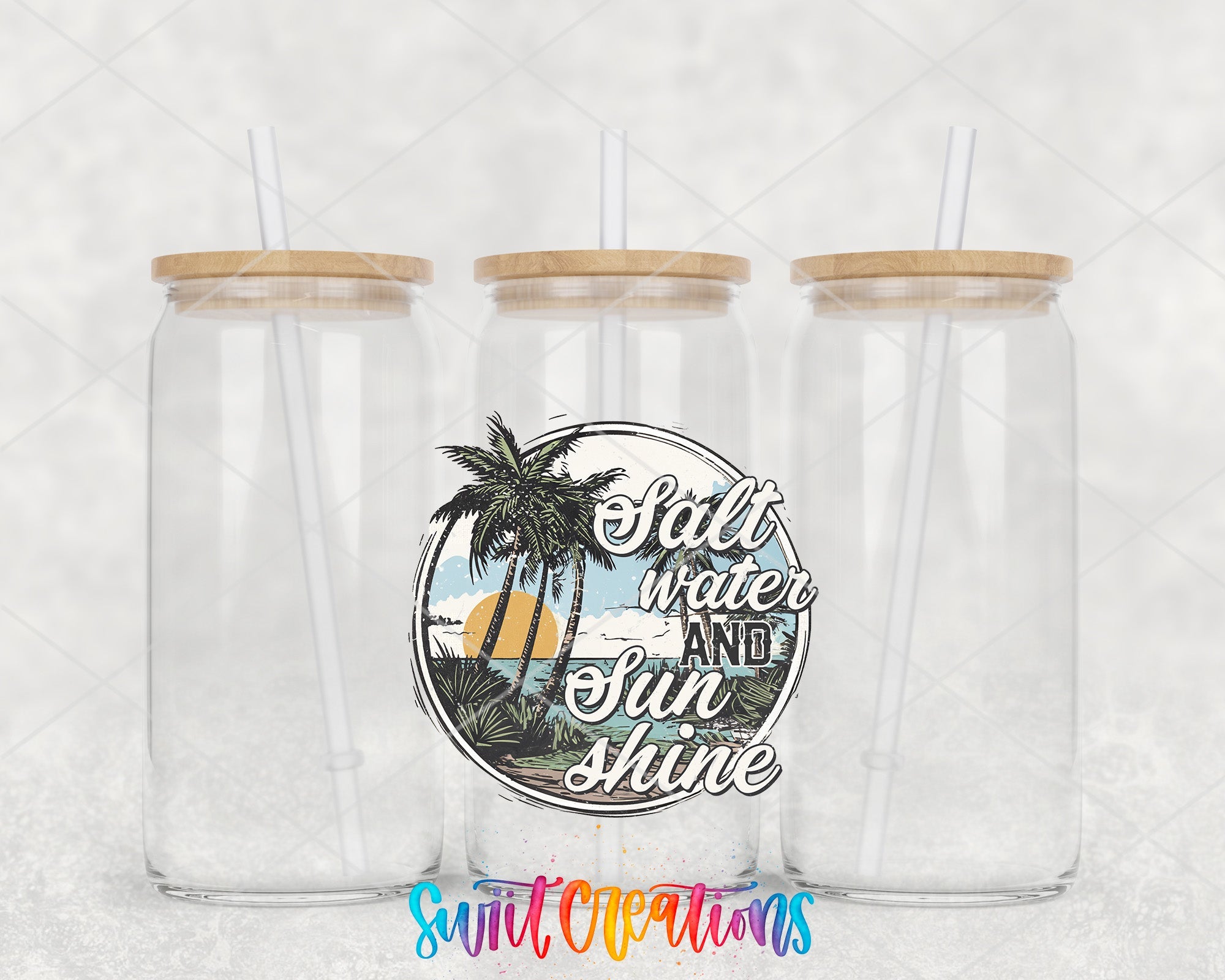 two clear tumblers with palm trees and the words still water, surf and shine