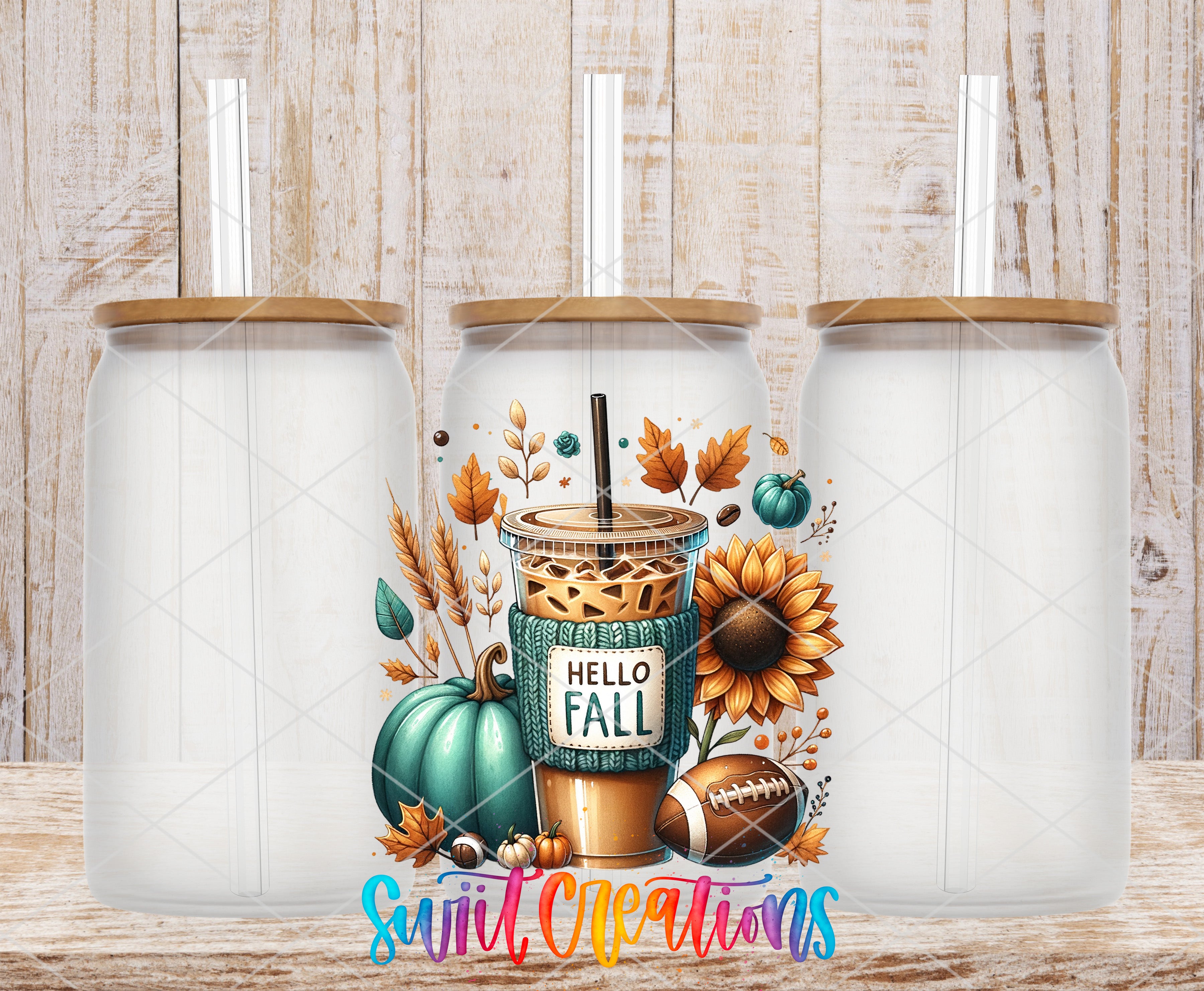 A colorful illustration of a coffee cup with the text "Hello Fall" and various fall-themed objects such as pumpkins, sunflowers, and a football.