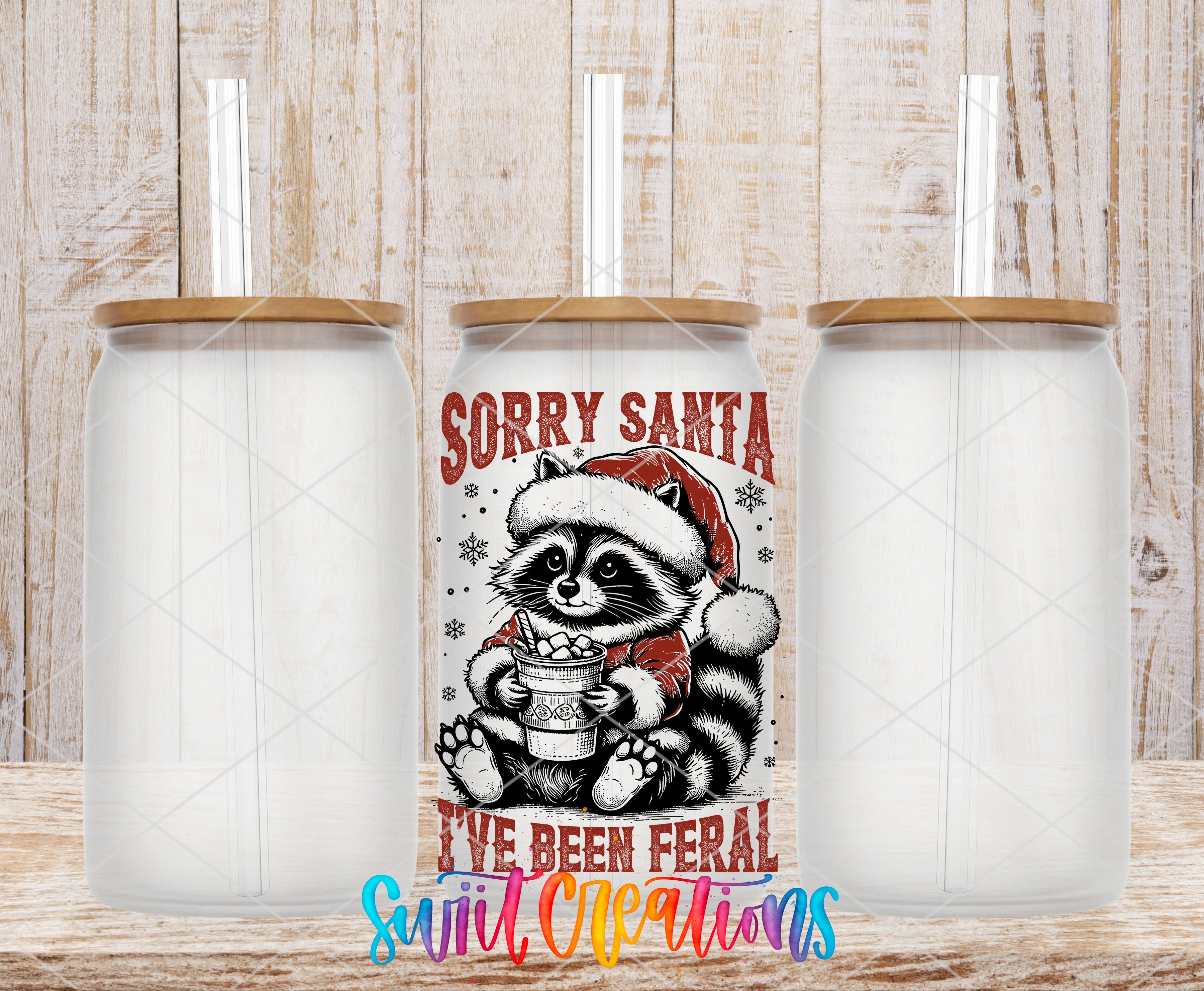 a can with a raccoon wearing a Santa hat and holding a mug, accompanied by the text "Sorry Santa I've Been Feral" and "Swift Cleans".