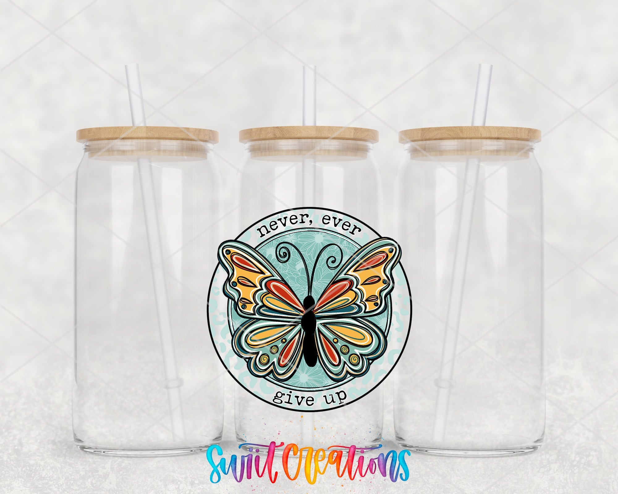 two clear tumblers with a butterfly sticker on them