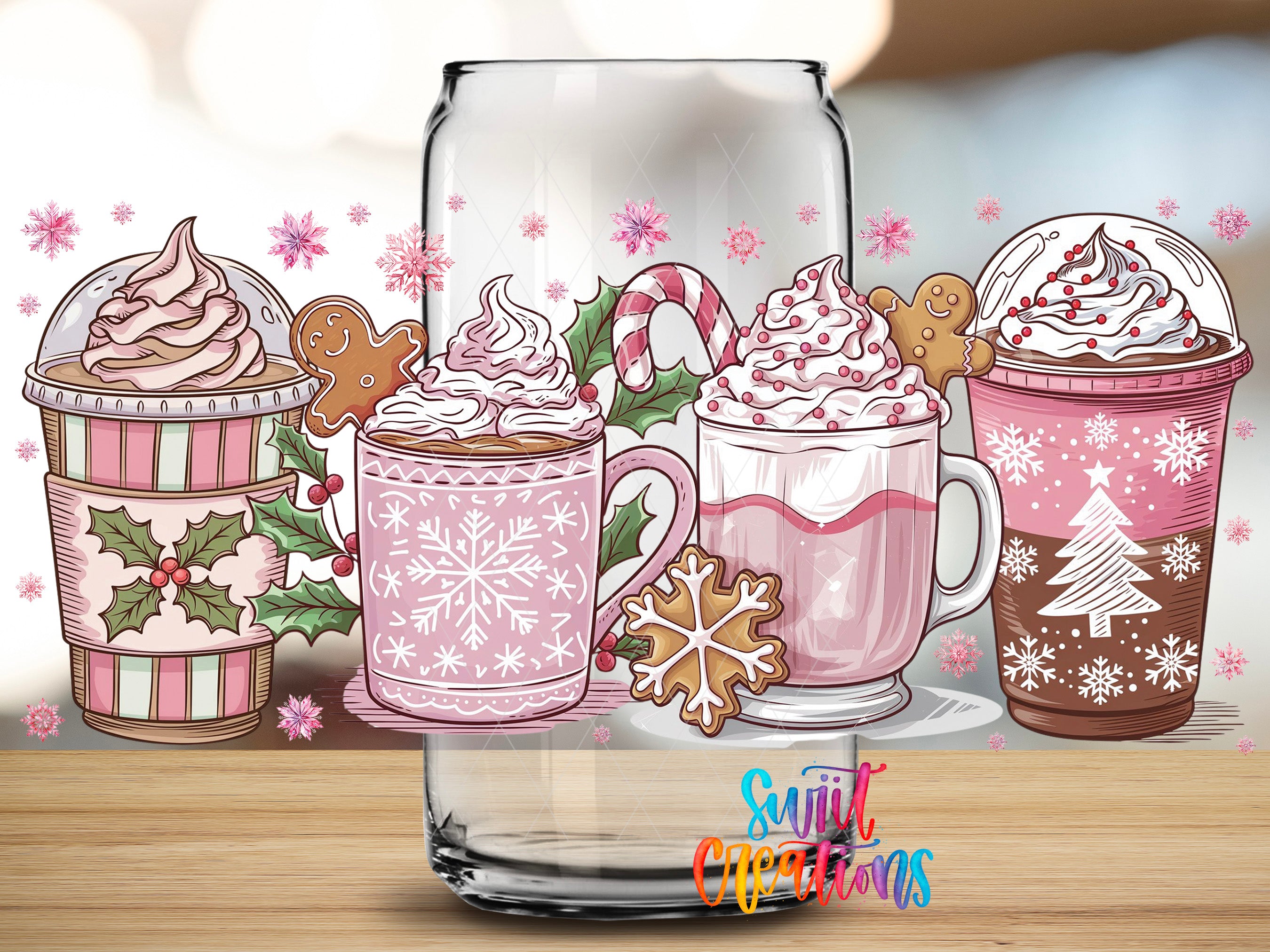 A collection of festive beverages and decorations, including hot chocolate, iced coffee, and gingerbread cookies, arranged on a wooden surface.