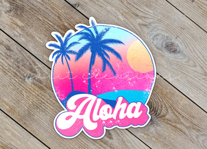 Close-up of the Aloha sticker on rustic wood