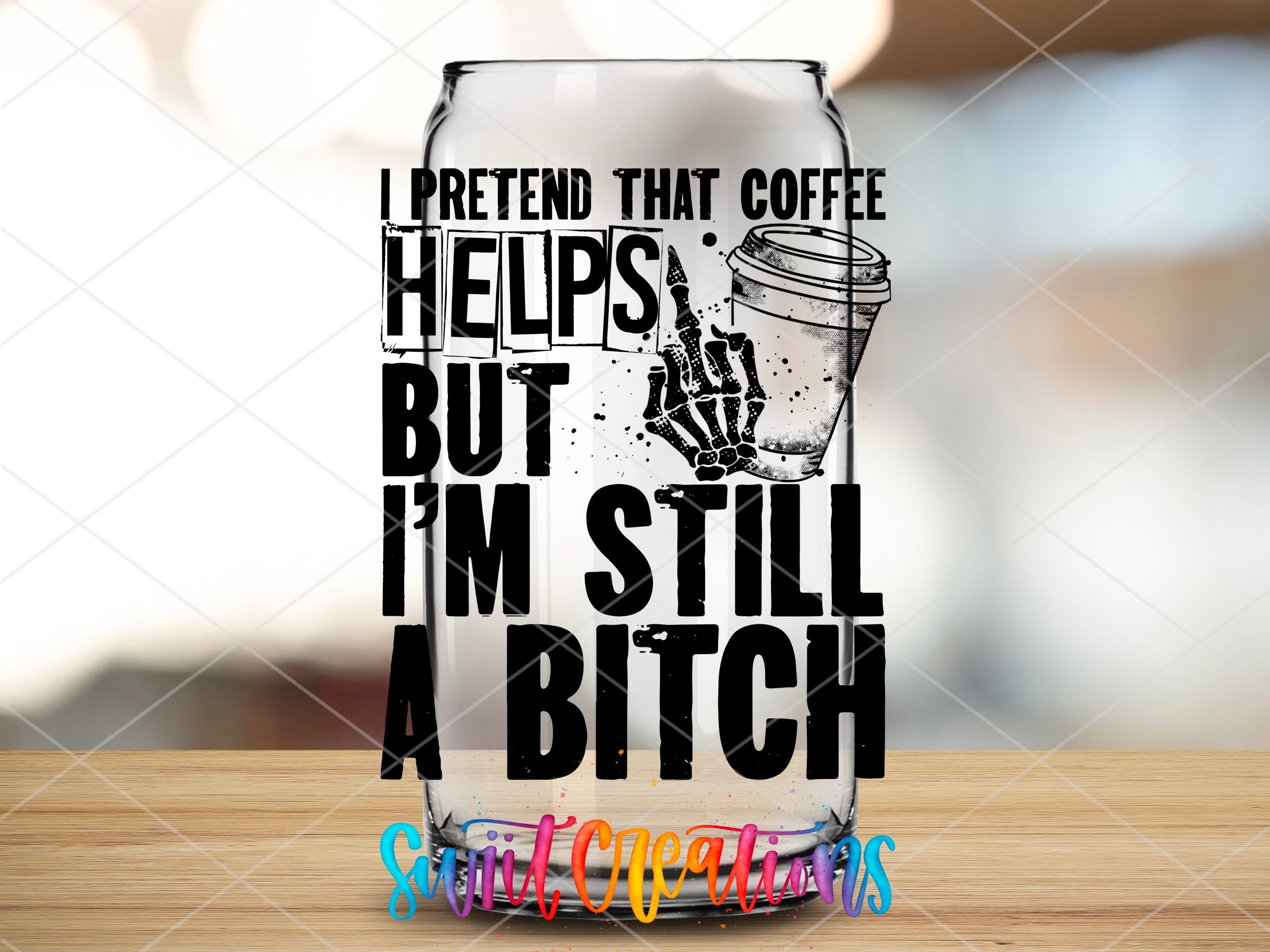 a glass with a message on it sitting on a table