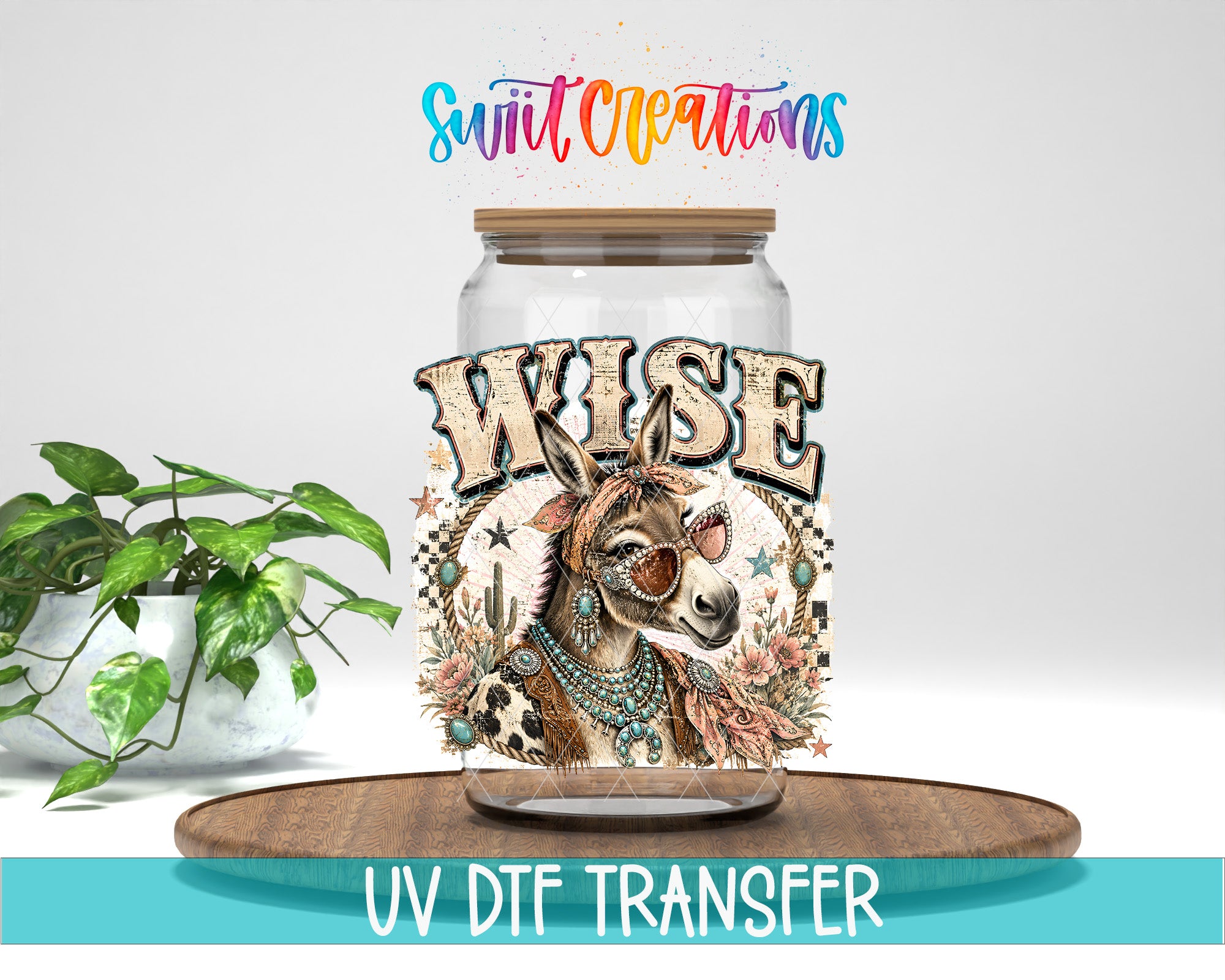a glass jar with a decorative label, including a donkey or horse, and a plant in a white pot.