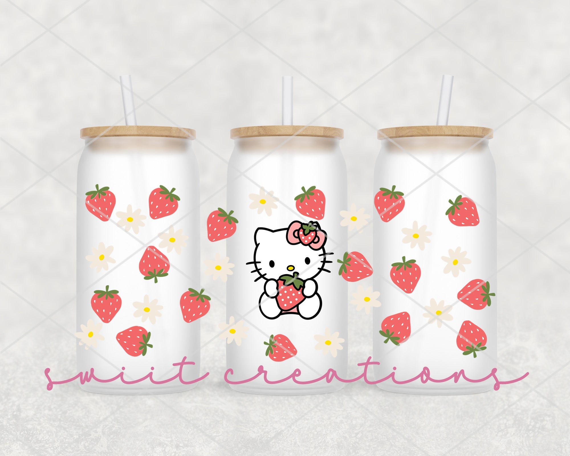 three hello kitty tumblers with strawberries on them