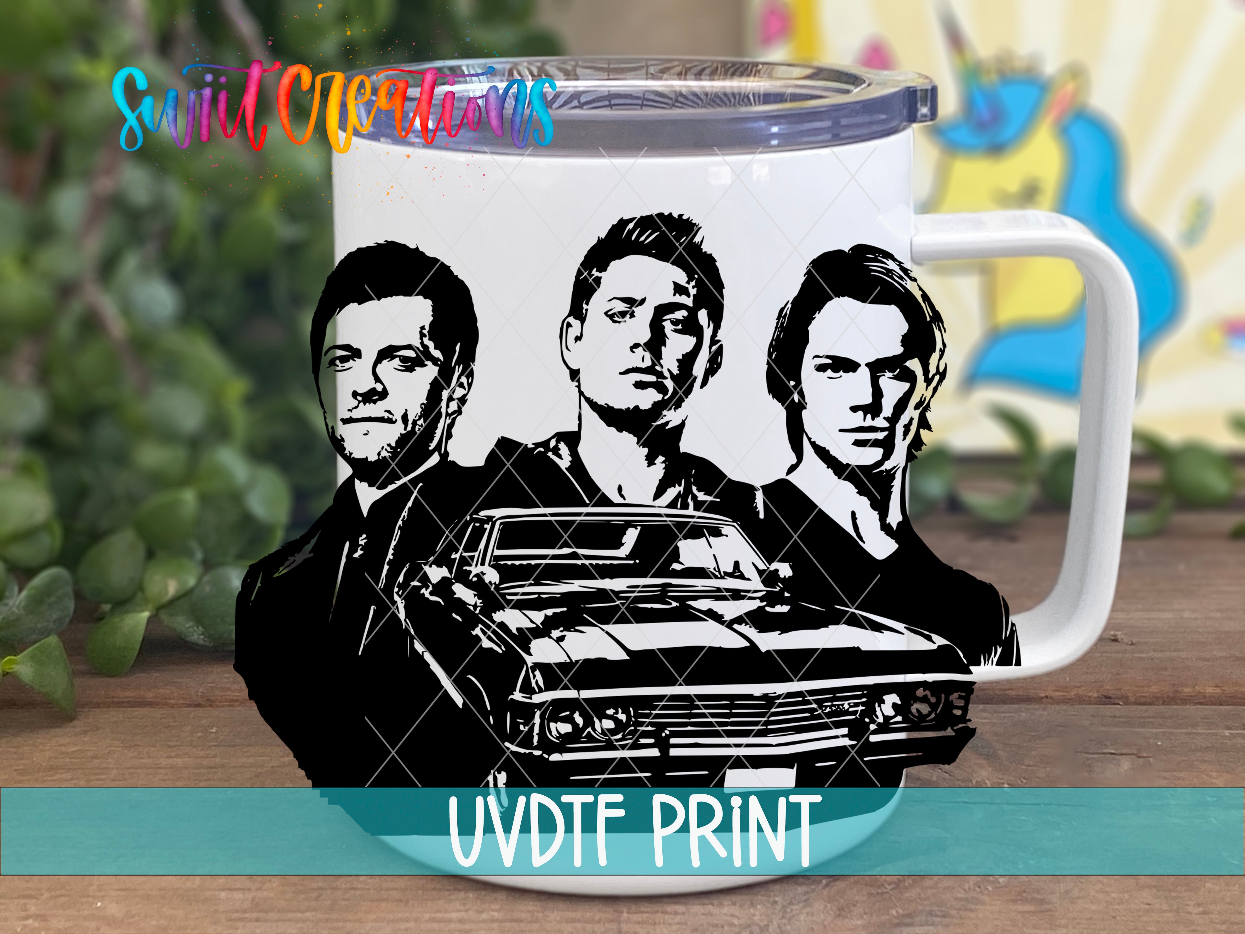 a white coffee mug with a picture of three men on it