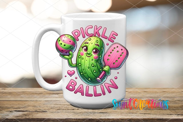 a coffee mug with a pickle ballin design on it