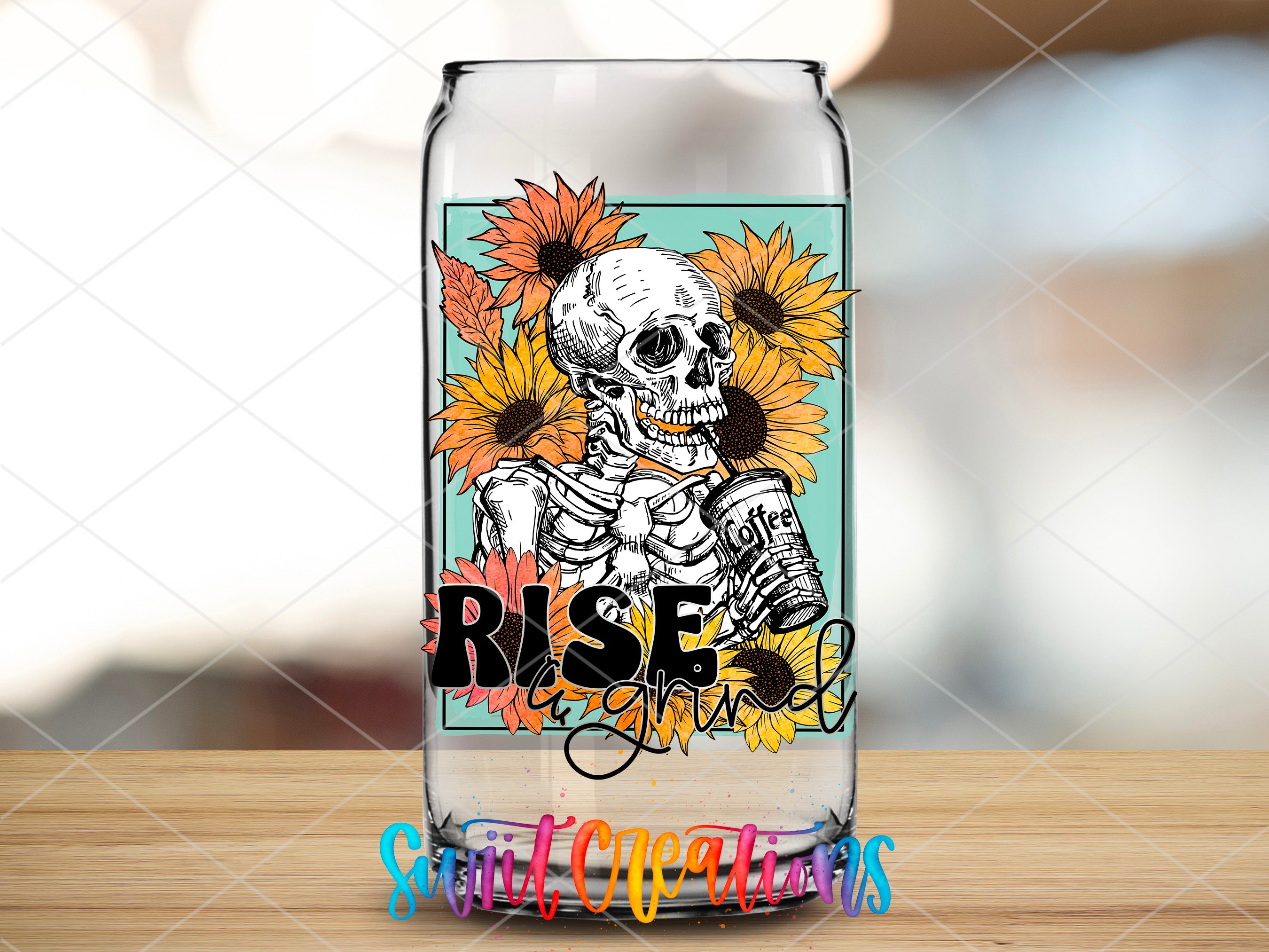 a glass with a skeleton and sunflowers on it
