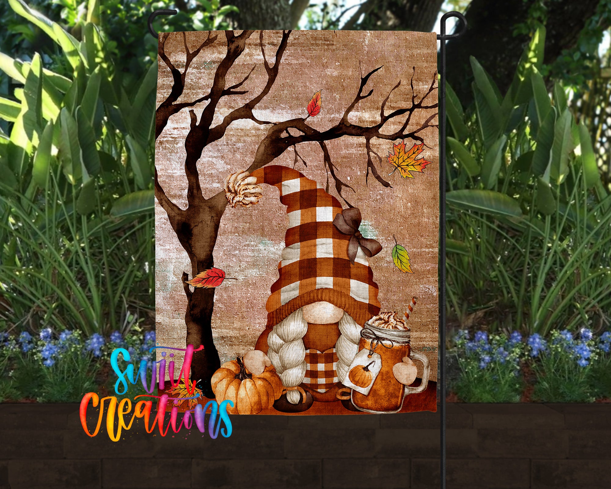 A gnome wearing a checkered hat and scarf is depicted in a garden setting, surrounded by pumpkins and autumn leaves.
