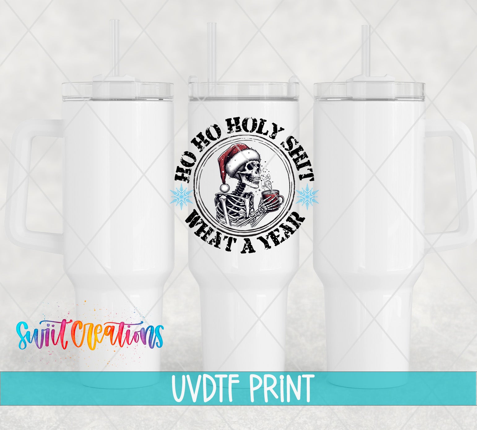 three white tumblers with santa claus on them