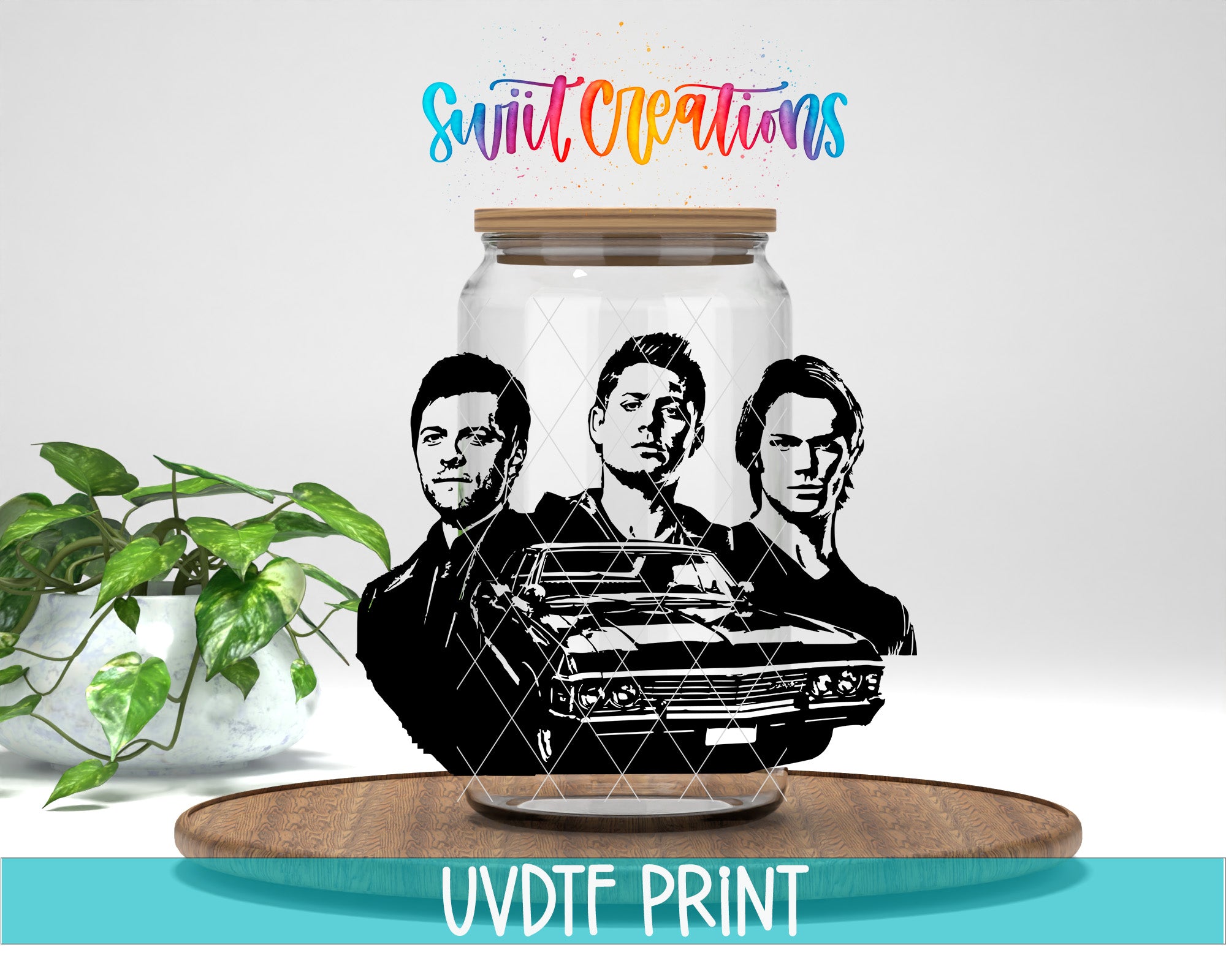 a jar with a picture of three men in it
