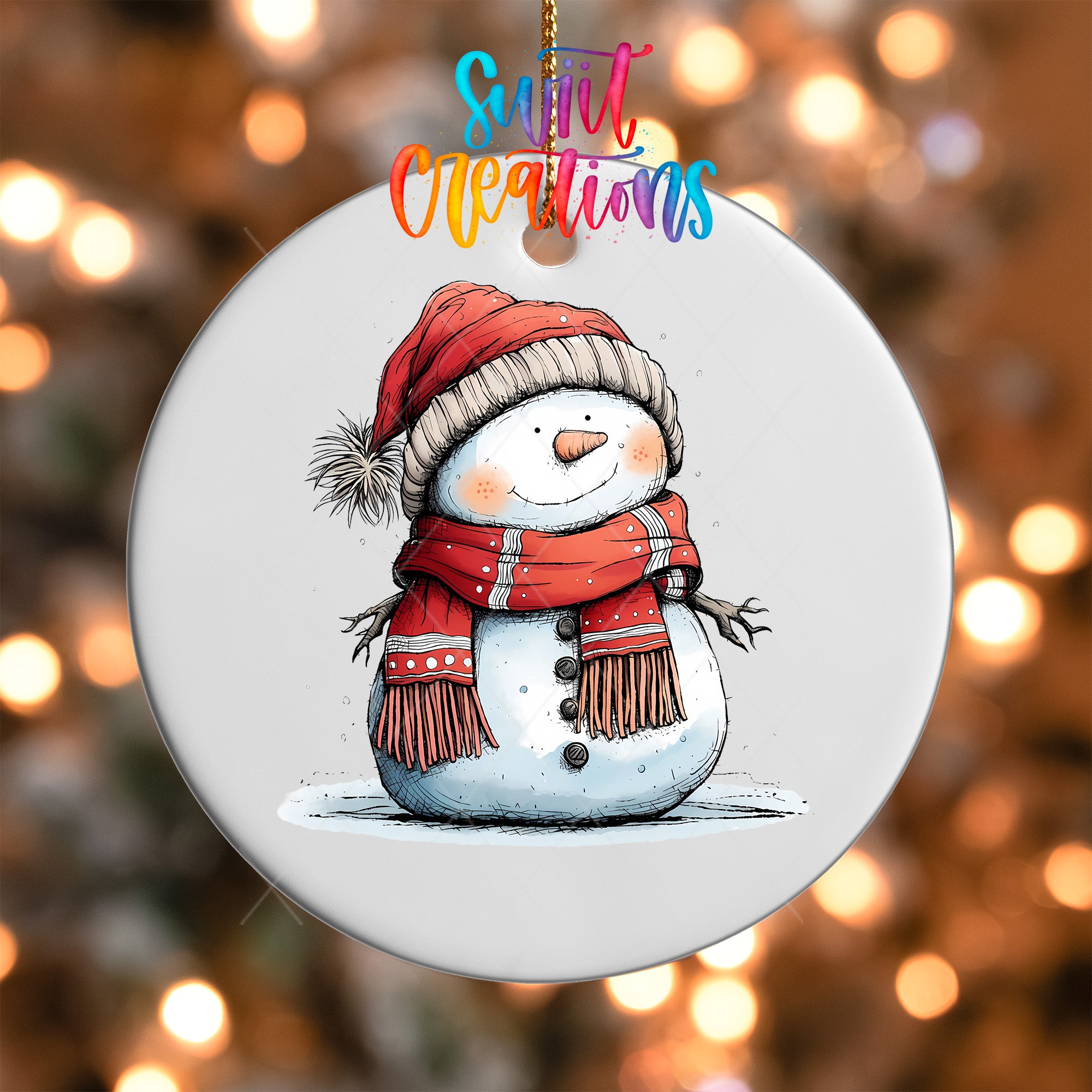 A snowman ornament with a red scarf and hat, and a carrot nose, is hanging against a background of colorful lights.
