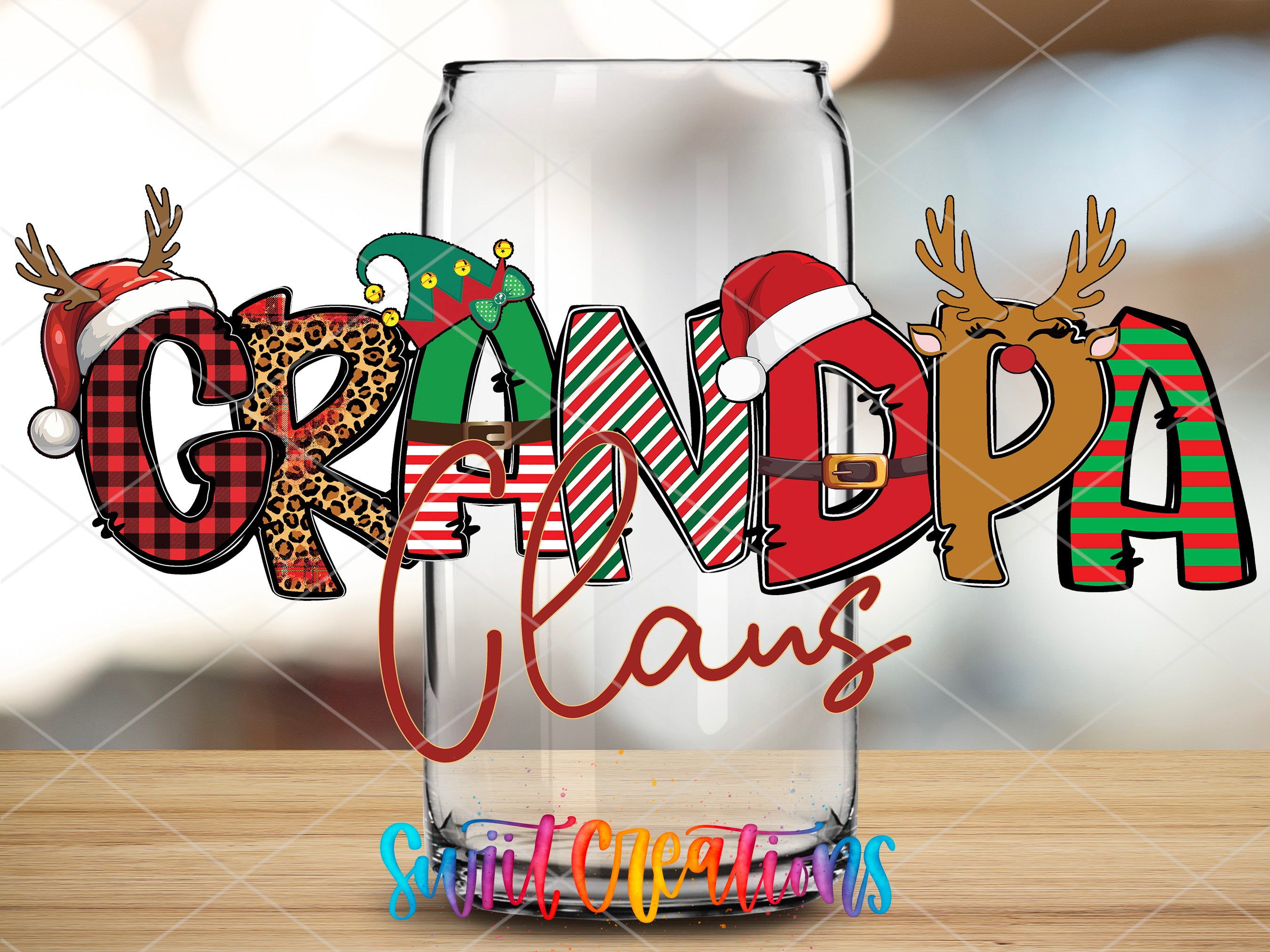 a glass filled with christmas decorations and the word grandpa claus