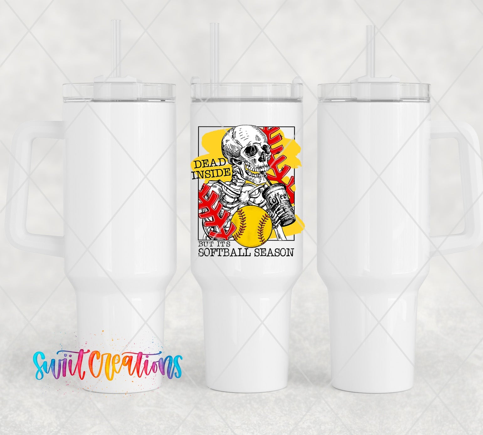 a white tumbler cup with a skeleton on it