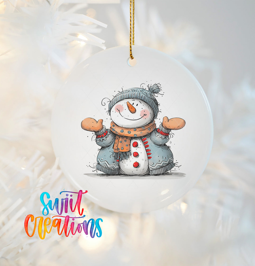 A snowman ornament with a smiling face and colorful winter attire is hanging on a Christmas tree.