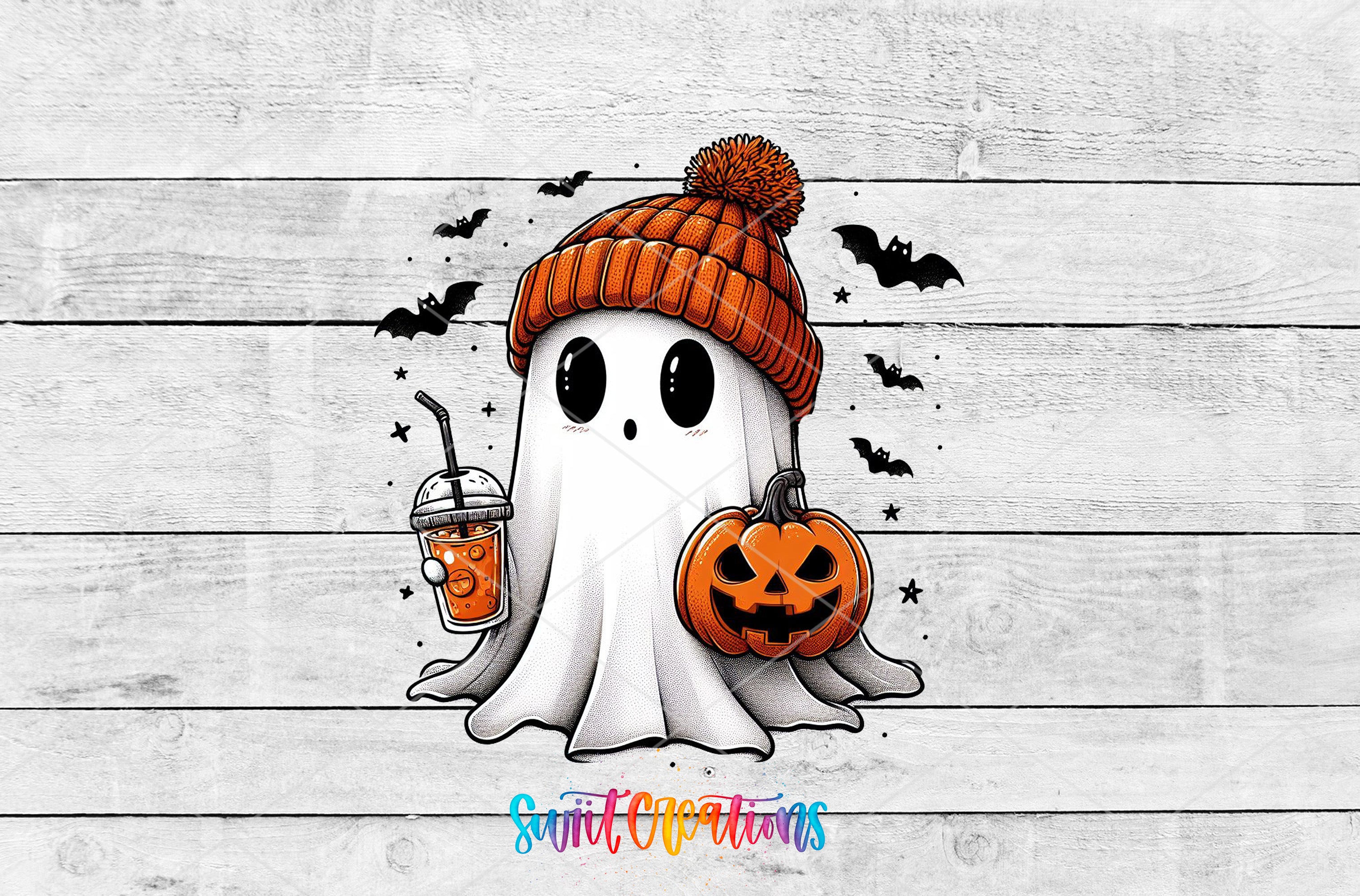 A ghost wearing a red knit hat and holding a pumpkin and a drink, surrounded by bats and stars, against a wooden background.