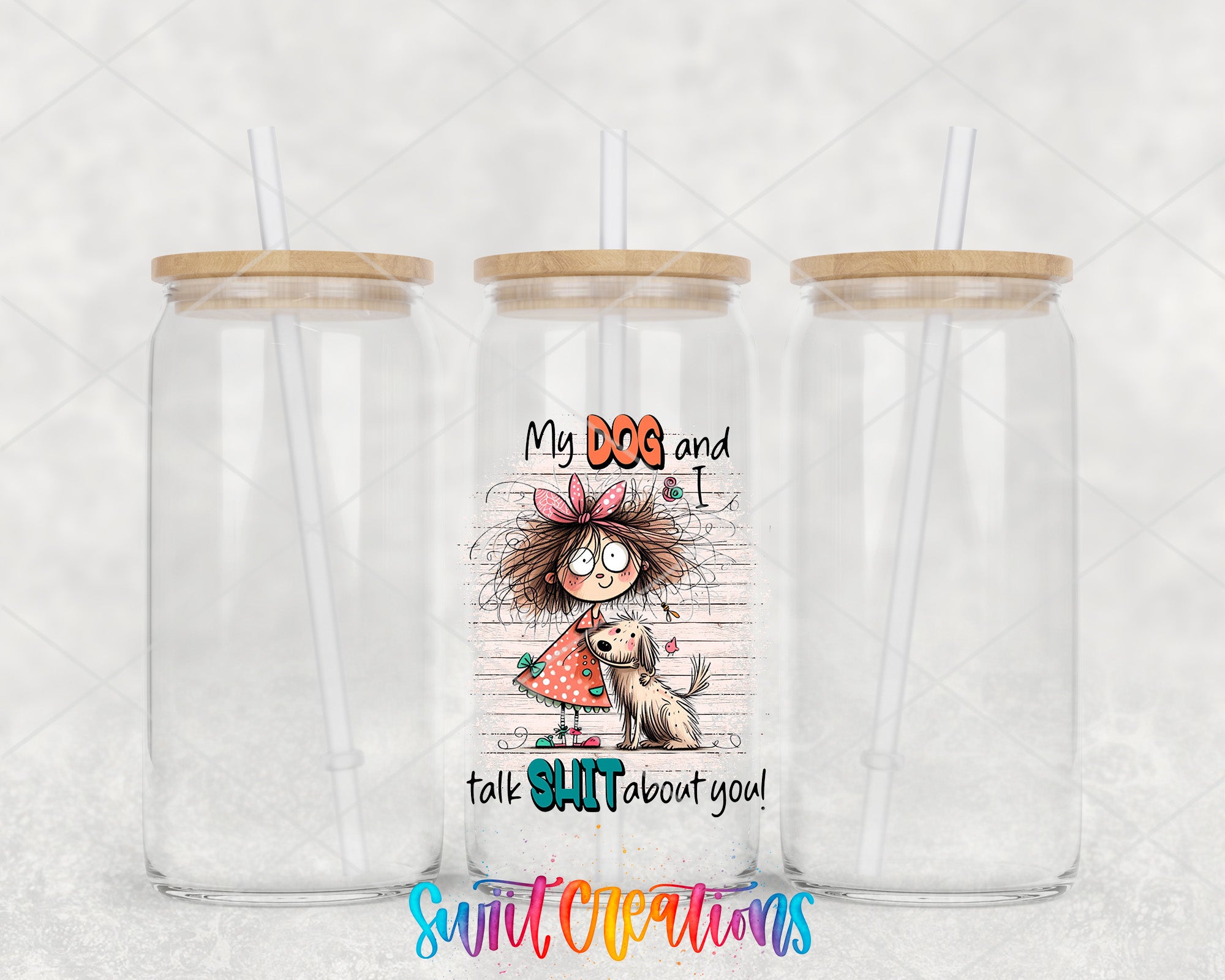 two clear tumblers with a picture of a girl and a dog on them