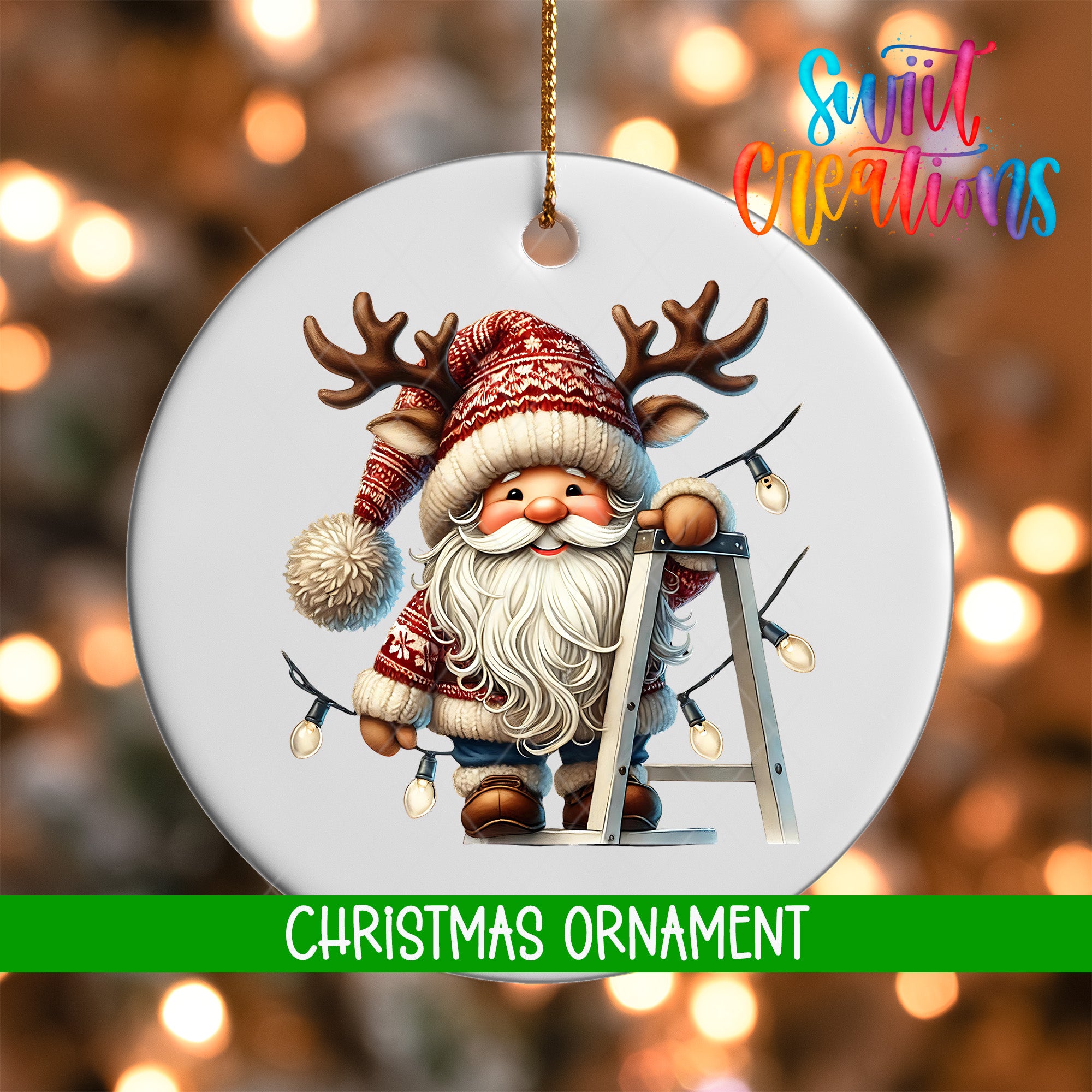 A Christmas ornament featuring a smiling Santa Claus holding a ladder, with a background of twinkling lights.