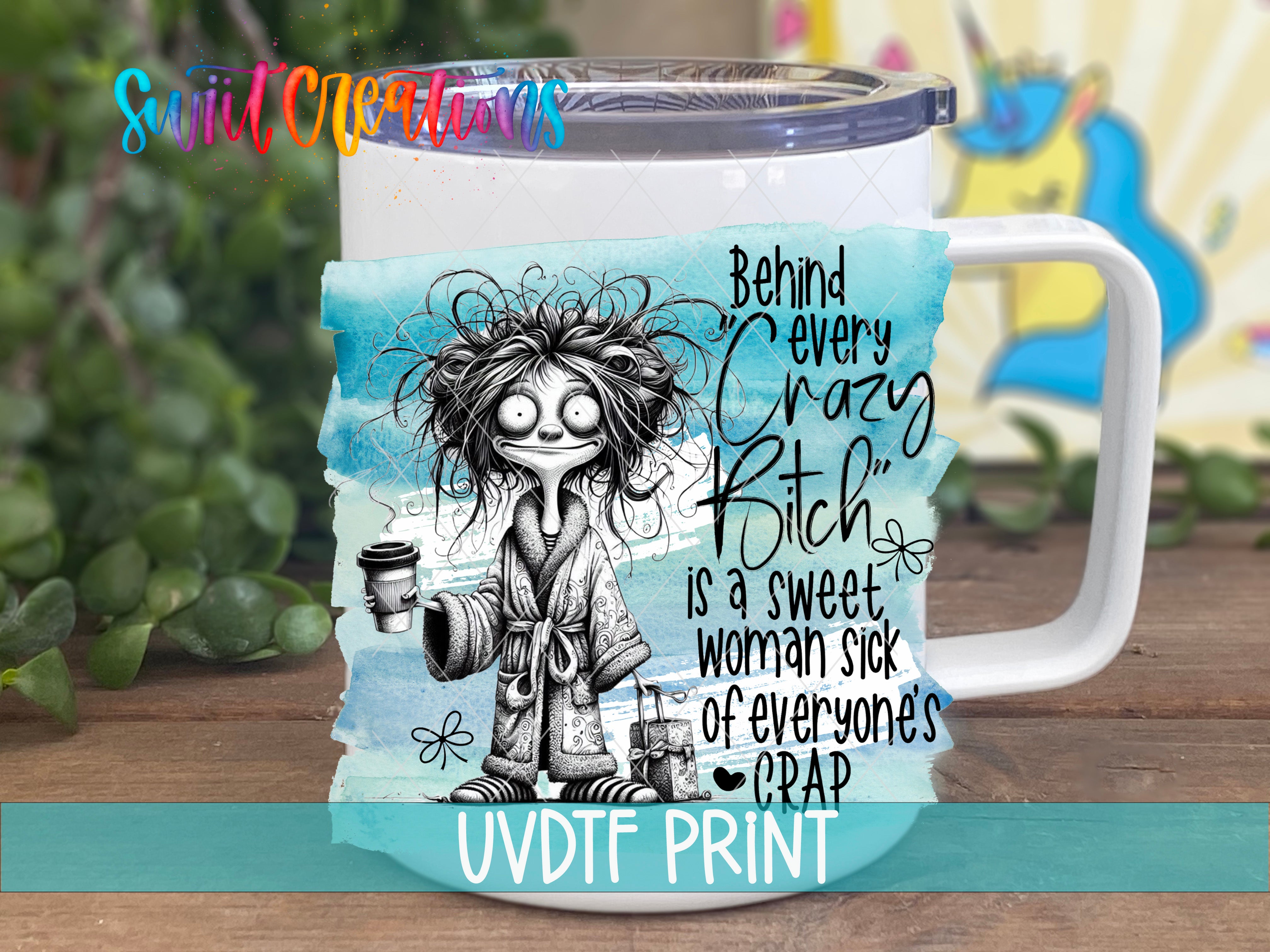 a white coffee mug with a drawing of a woman holding a cup