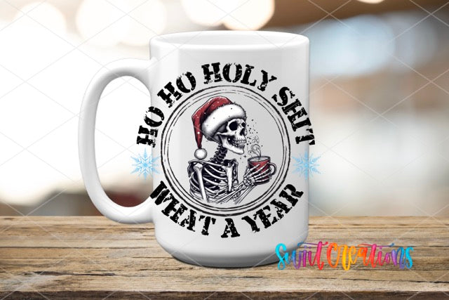 a white coffee mug with a skeleton wearing a santa hat