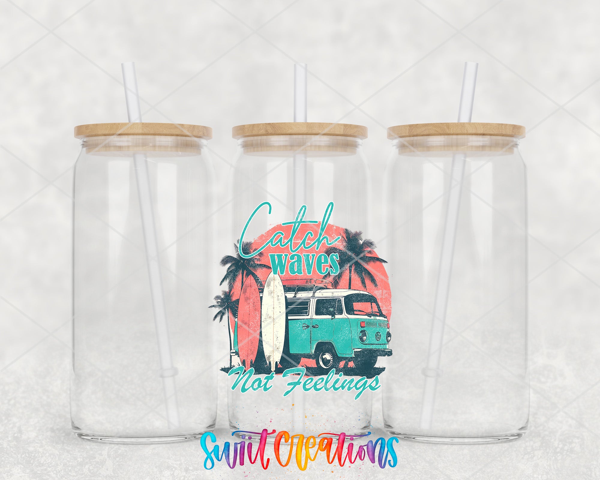two clear tumblers with a blue van and palm trees