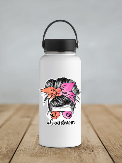 a water bottle with a picture of a woman with a pink bow on her head