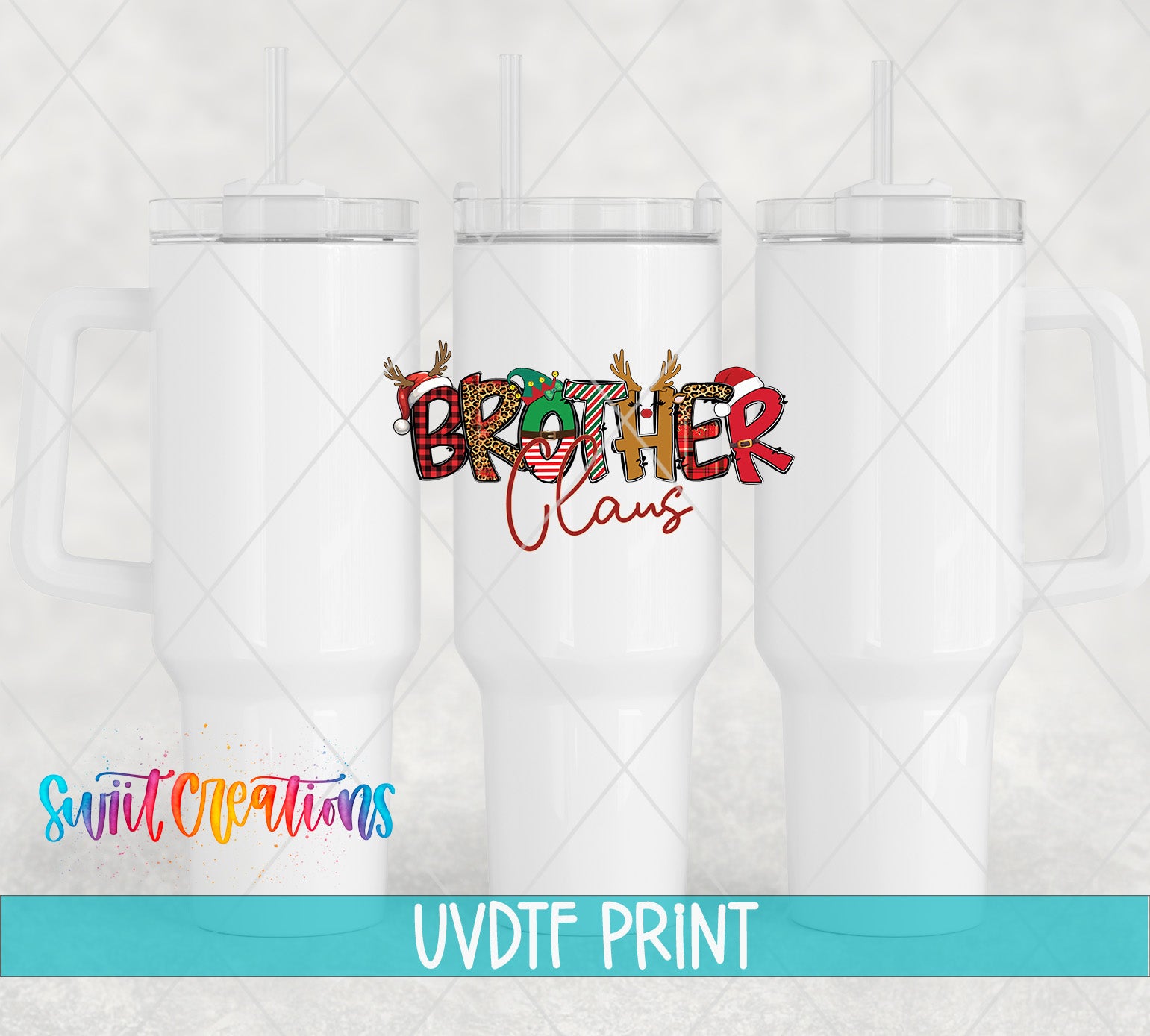 three white tumblers with a colorful design and text that reads "BROTHER CLANS".