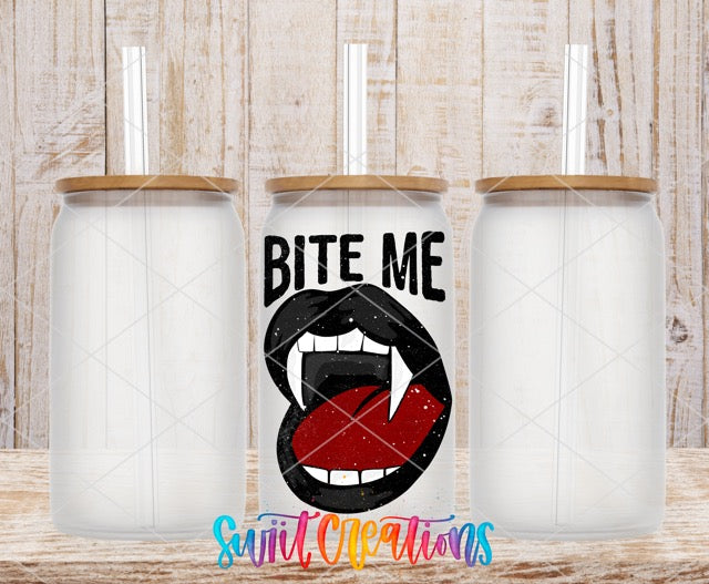 two white tumbles with the words bite me on them