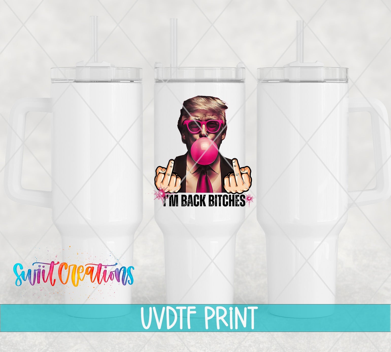 a white tumbler with a picture of a man wearing sunglasses and a pink bubble
