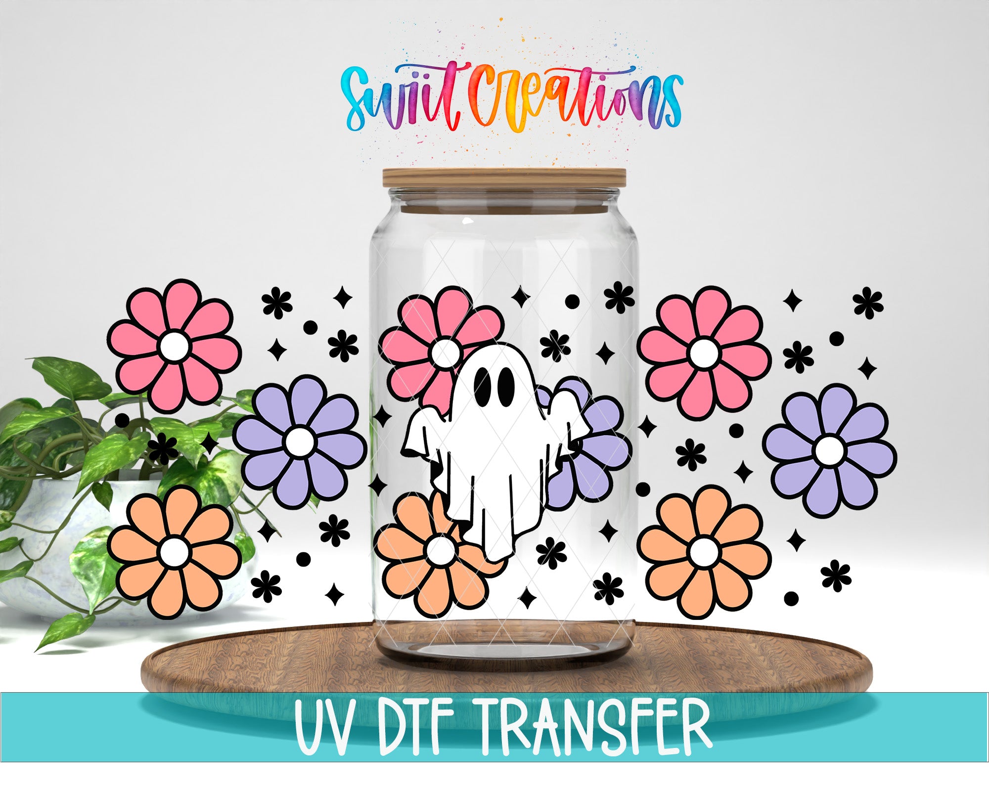 a glass jar with a ghost design and colorful flowers surrounding it, along with the text "Swit Creations" and "UV Dtf Transfer" at the bottom.
