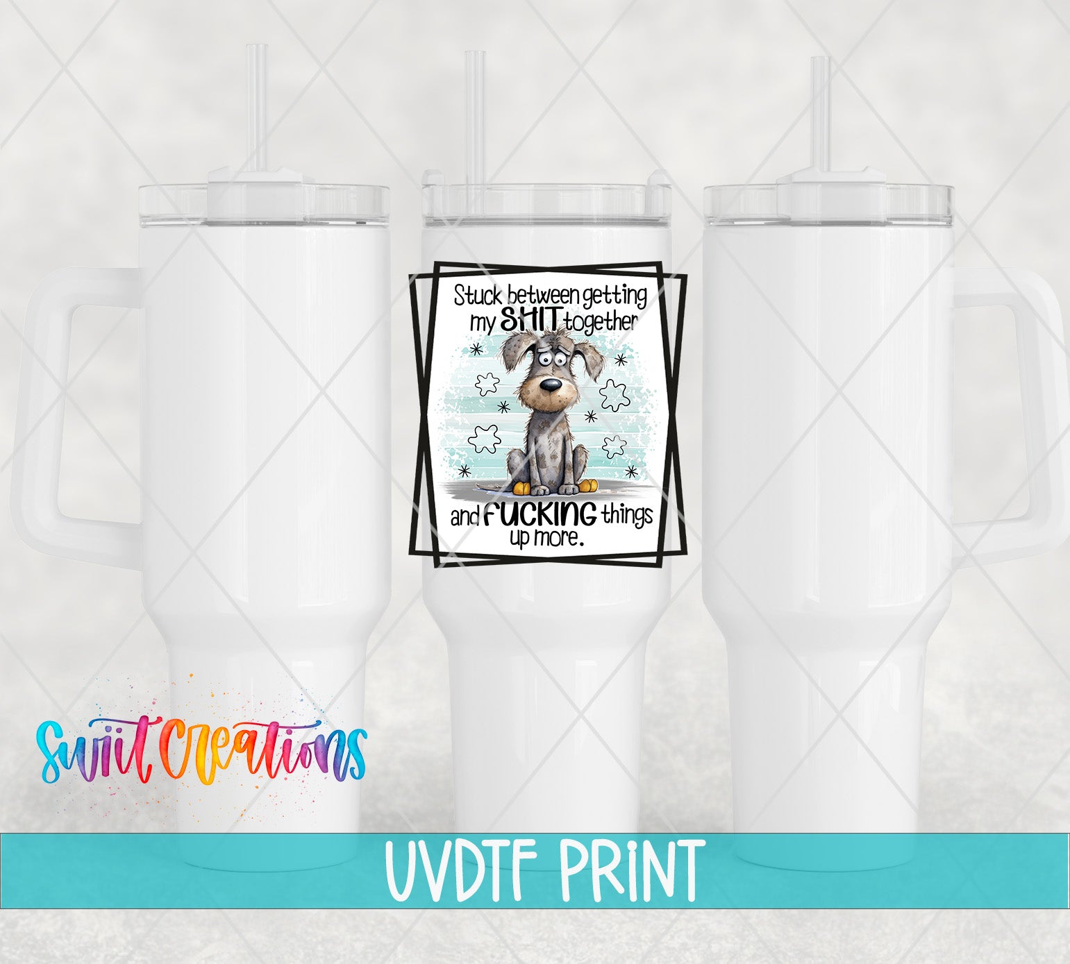 The image is a digital print of a cup with a humorous text overlay, featuring a dog and a message about getting along with others.