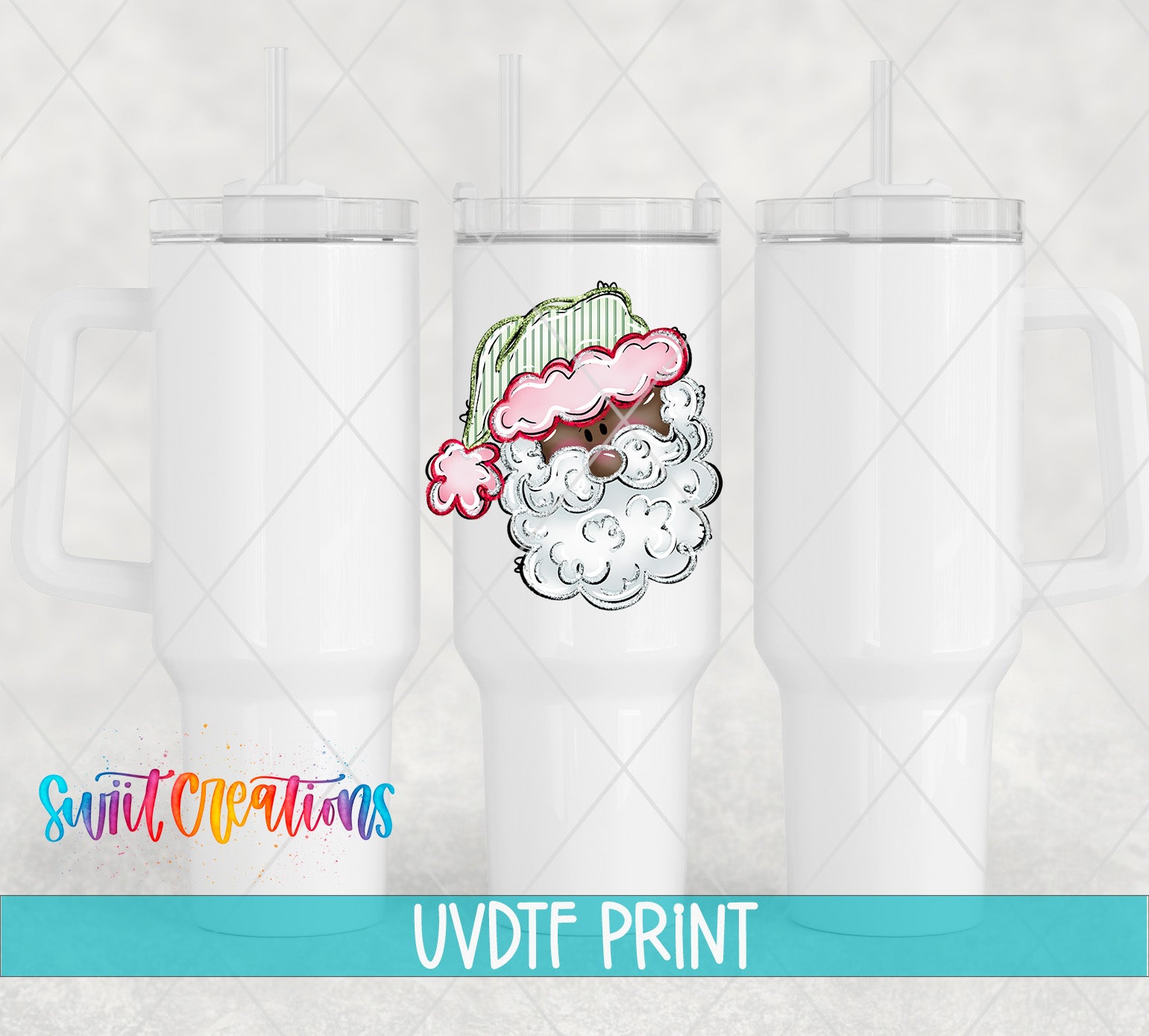 three white tumblers with a colorful Santa Claus design printed on them.