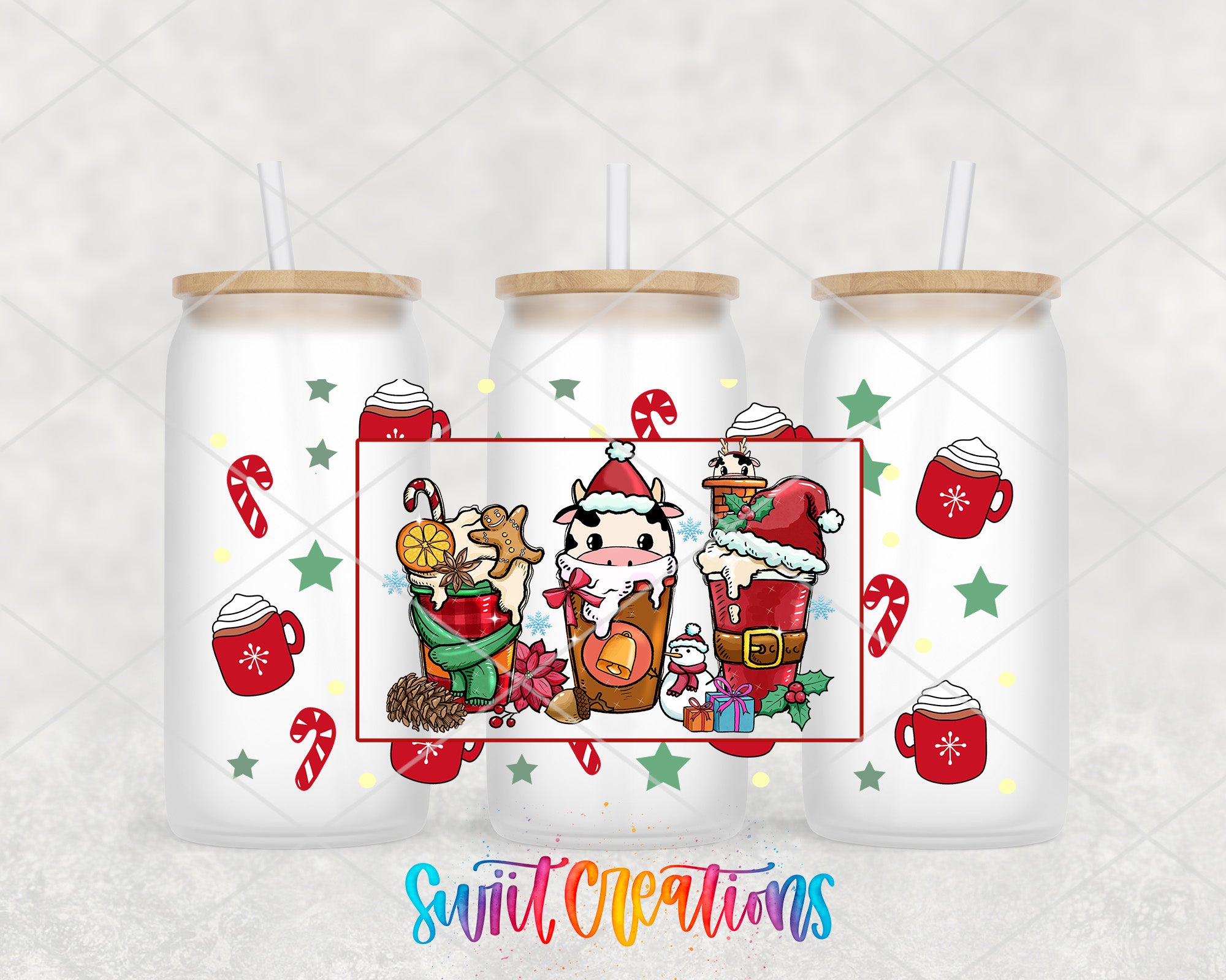 A collage of three white tumblers with Christmas-themed designs, including a cow, a Santa Claus figure, and various Christmas-related items such as snowflakes, candy canes, and mugs.