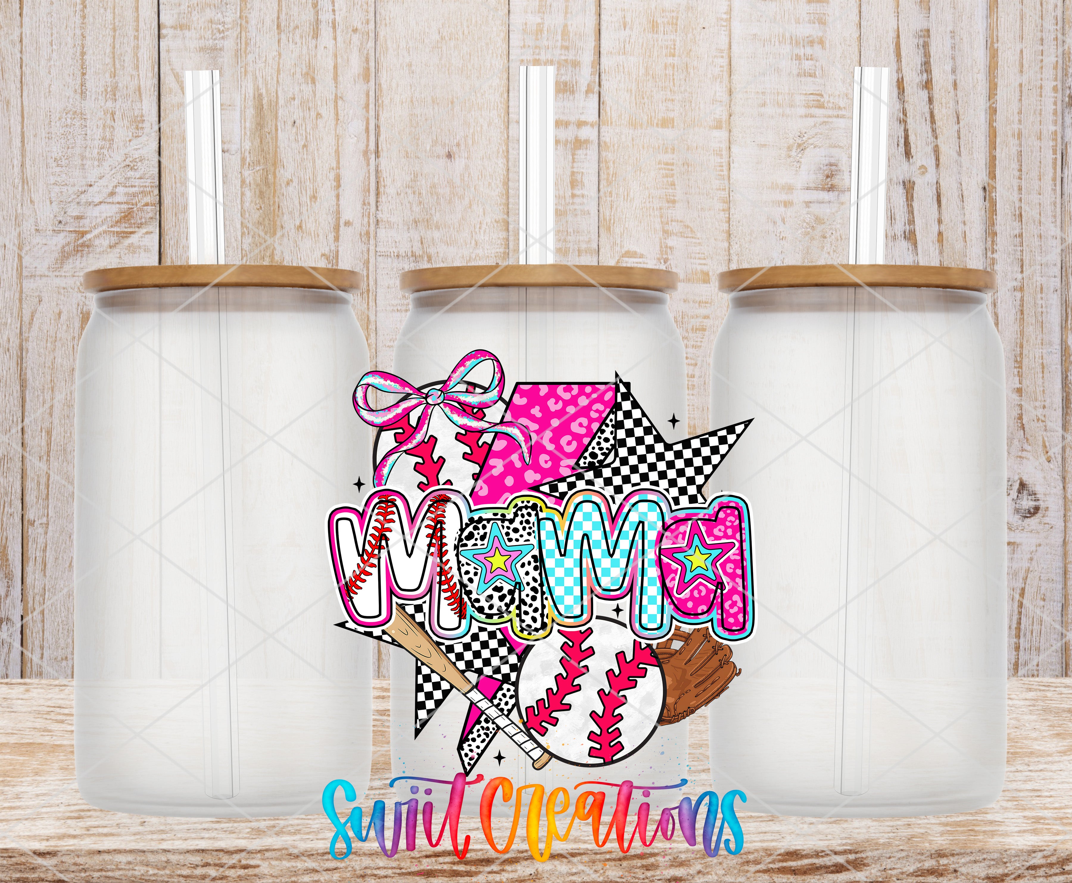 three glass jars with straws, each with a unique design and color scheme. The jars are arranged in a row, with the middle jar having a colorful design featuring a baseball and a star. The text "Mama" is prominently displayed in the center of the image, suggesting a playful and creative theme.