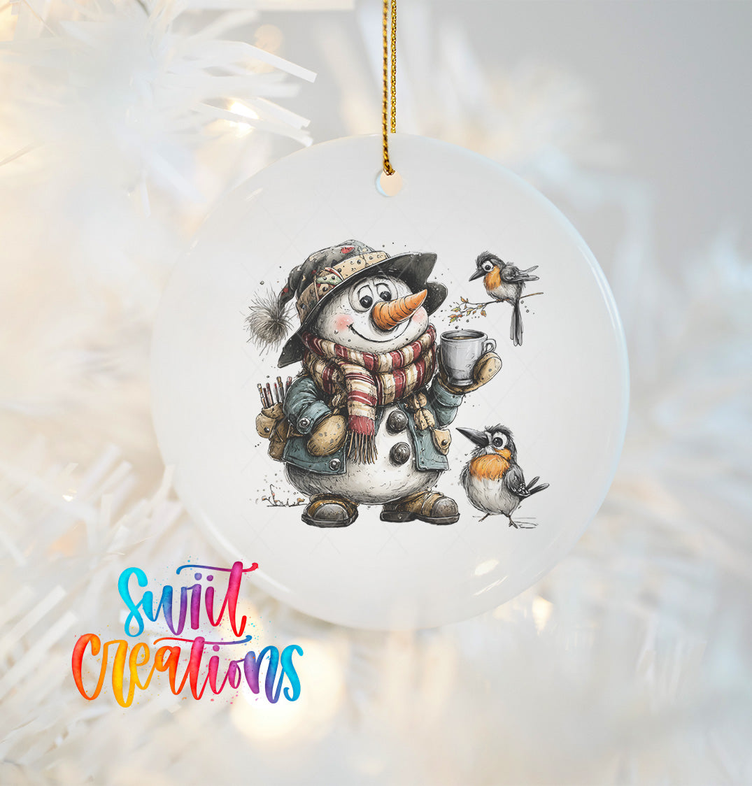 A snowman ornament with a bird perched on its shoulder, holding a cup of coffee, and a small bird on its hand.