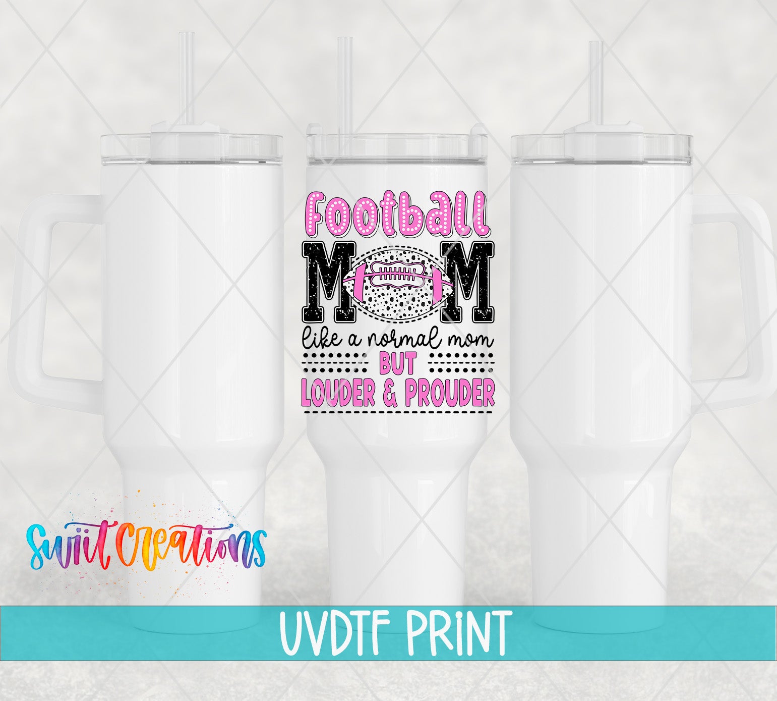 a white tumbler with a printed design on it, including text and graphics related to football.