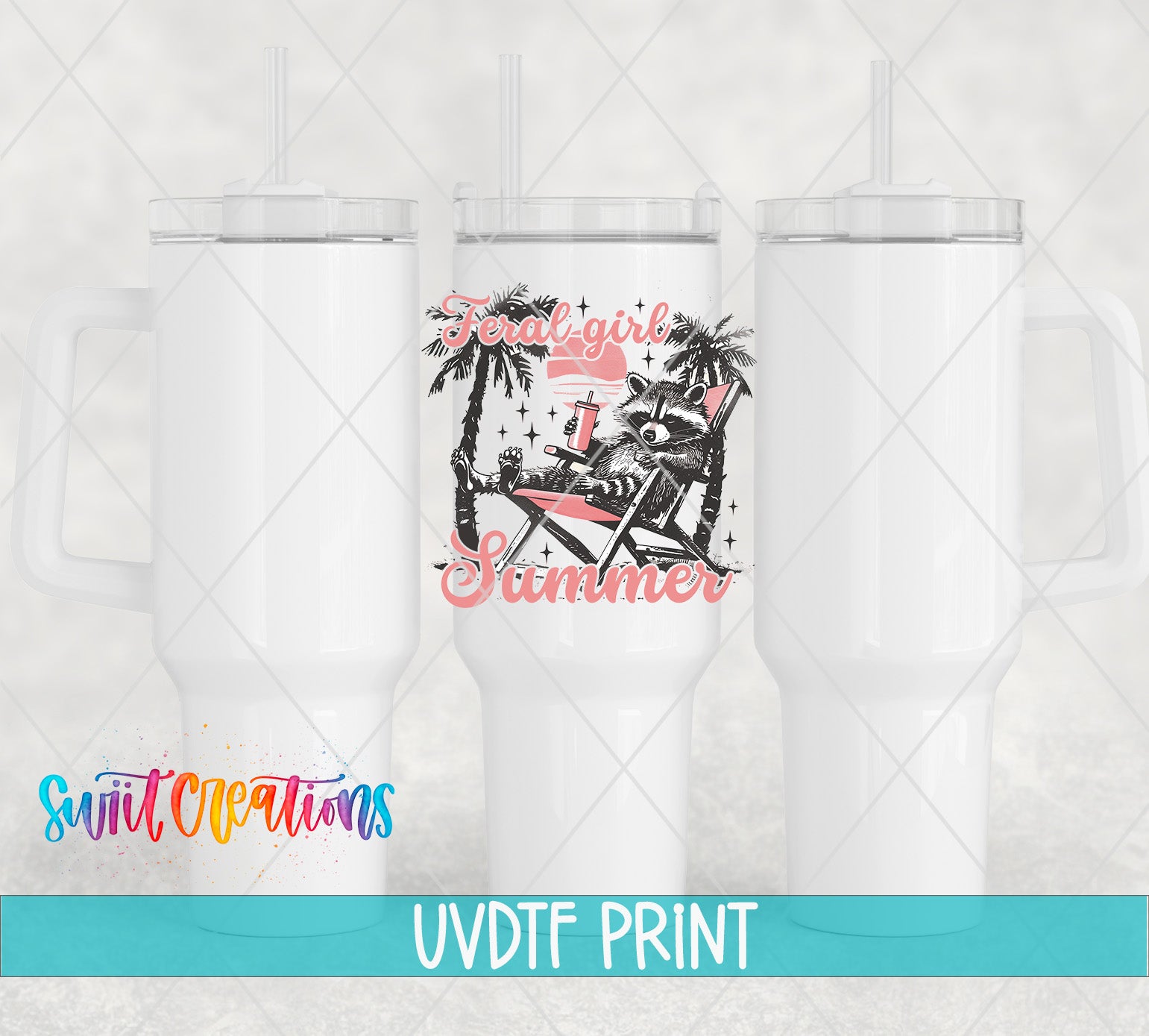 three white travel mugs with the words summer on them