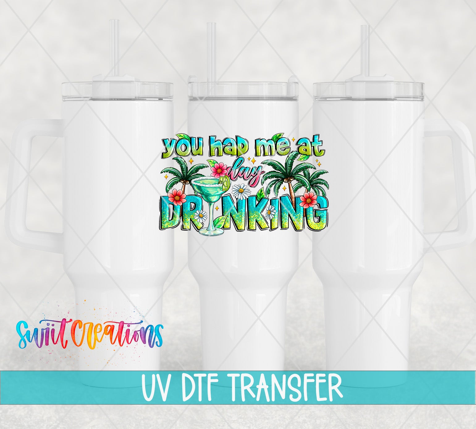 a white tumbler with a colorful graphic design on it, including palm trees, flowers, and text that says "you had me at drinking".