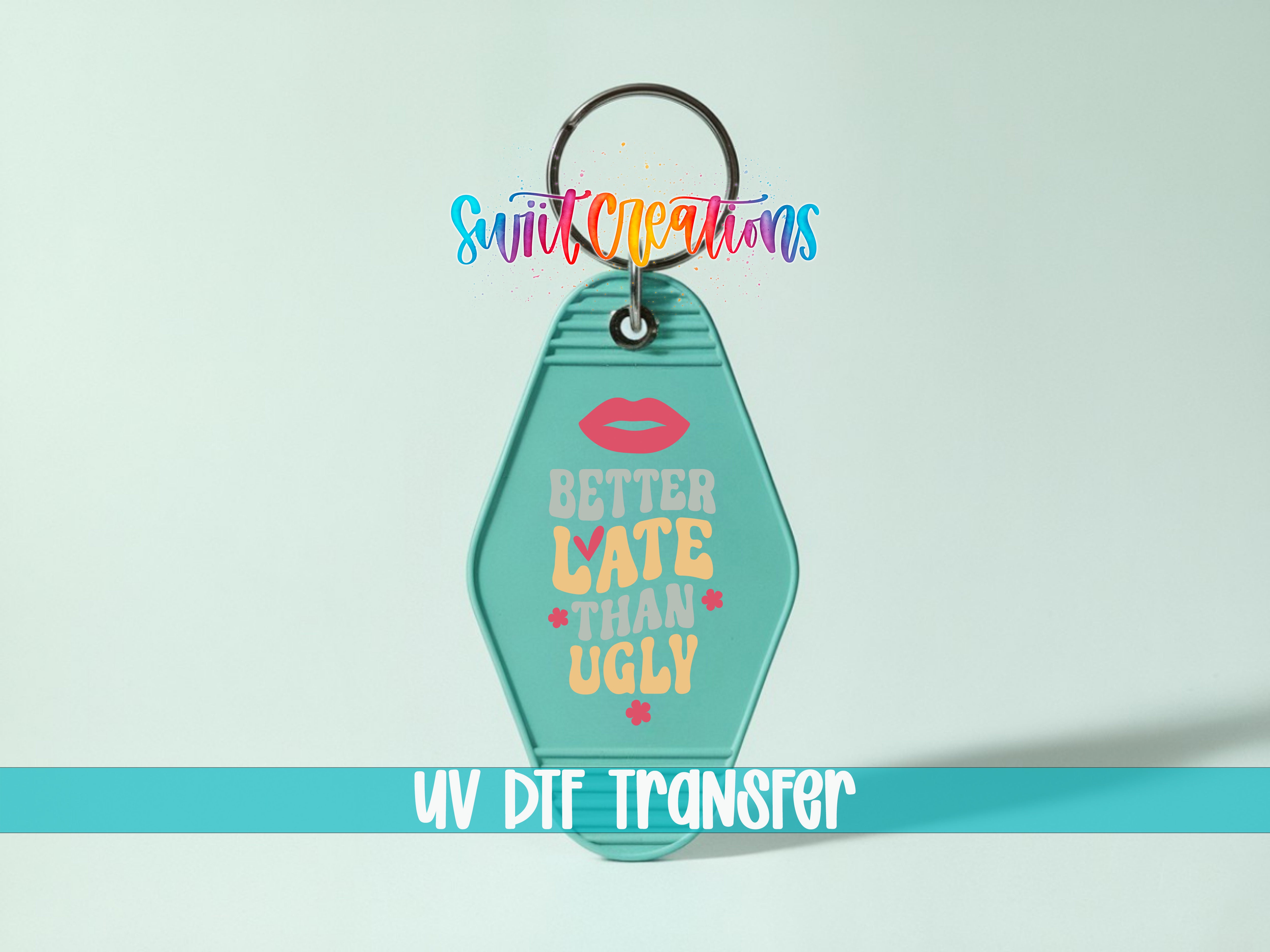 A keychain with a colorful design and text on it.