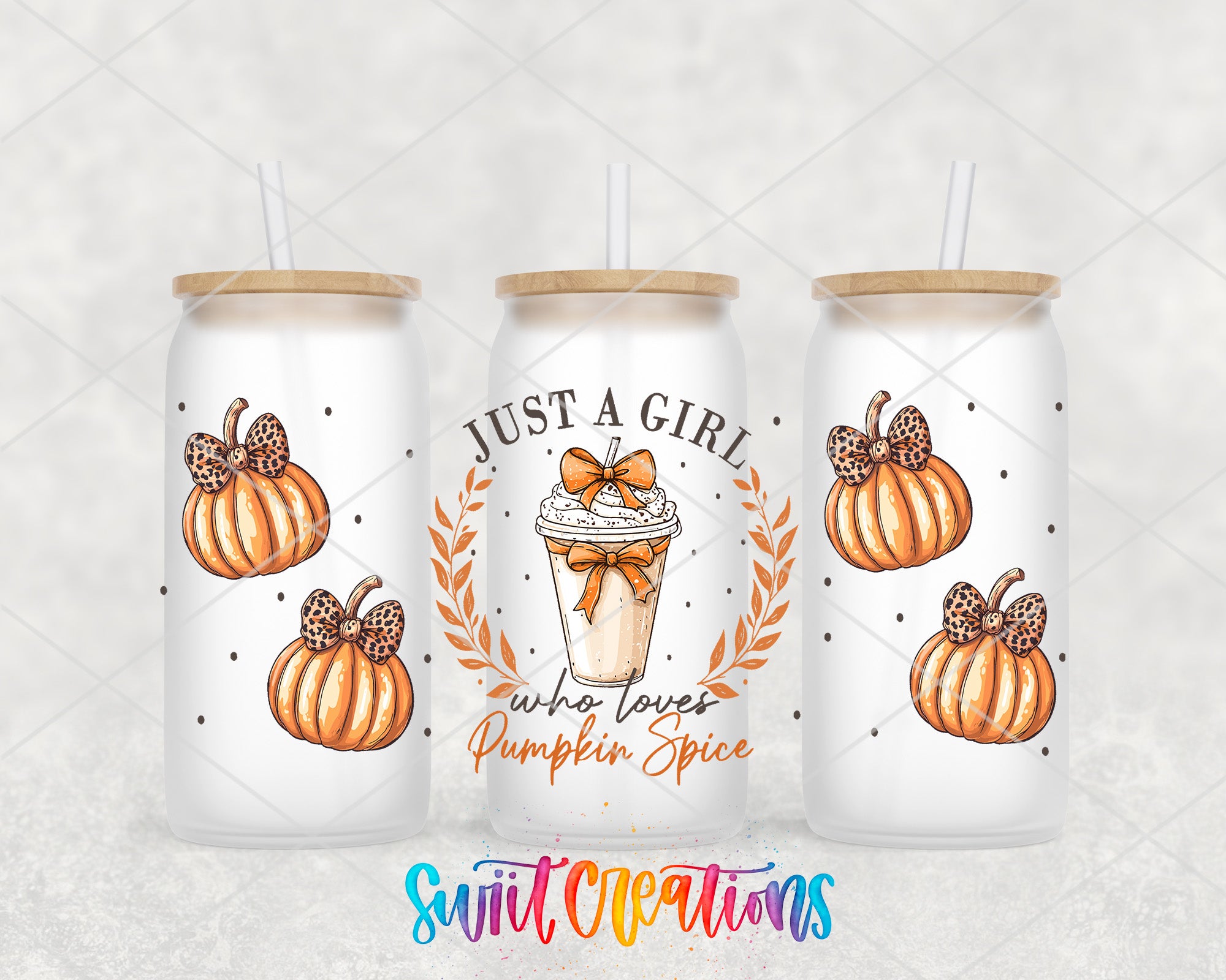 three white tumblers with illustrations of pumpkins and bows, along with the text "Just a girl who loves pumpkin spice" and "Swift Creations" printed on them.