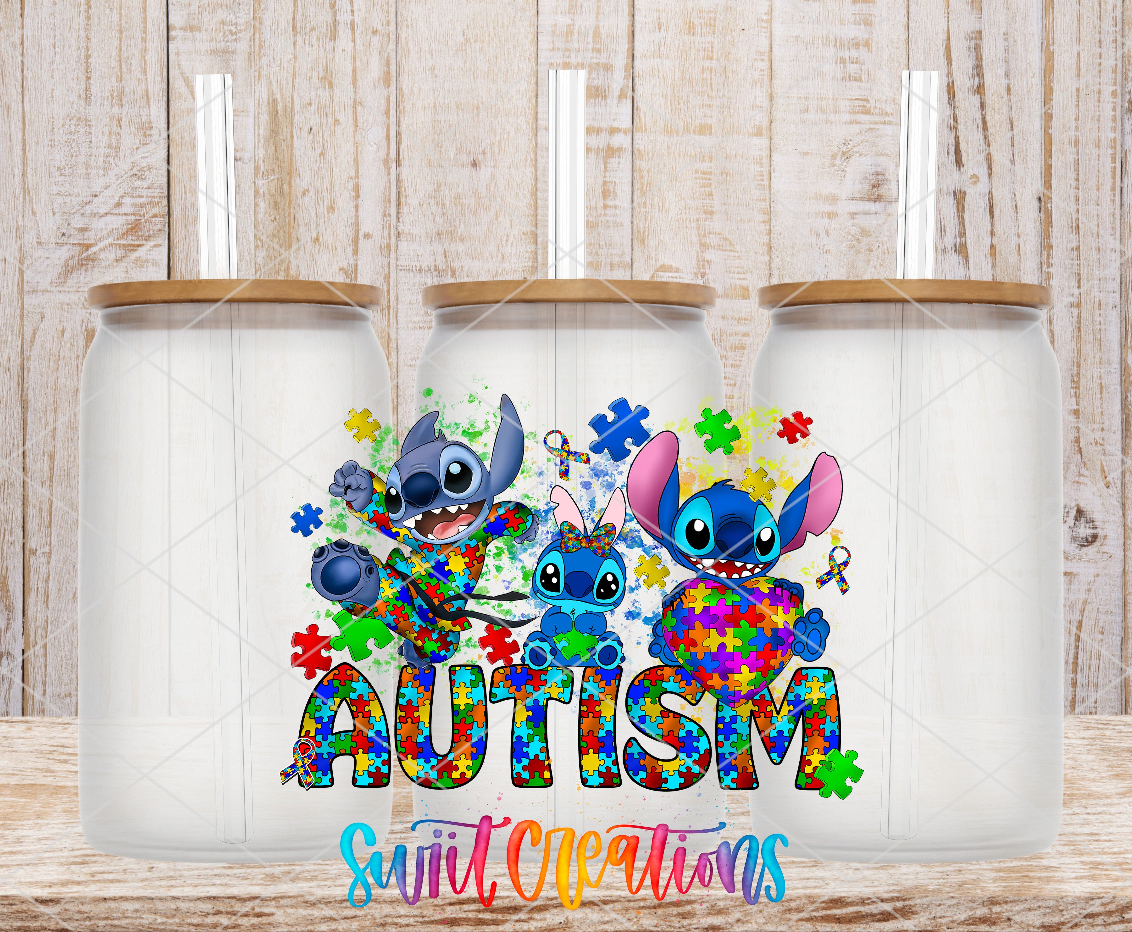 three glass jars with the word "AUTISM" written on them, surrounded by colorful puzzle pieces and characters.