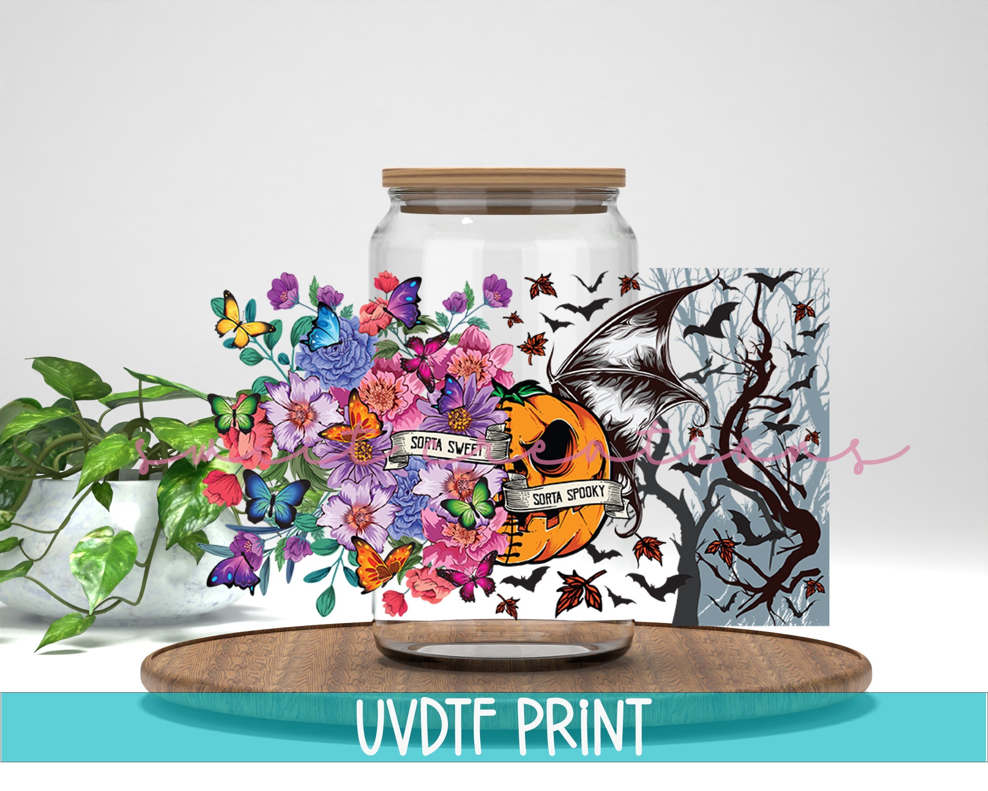 a vase with flowers and a card on a table