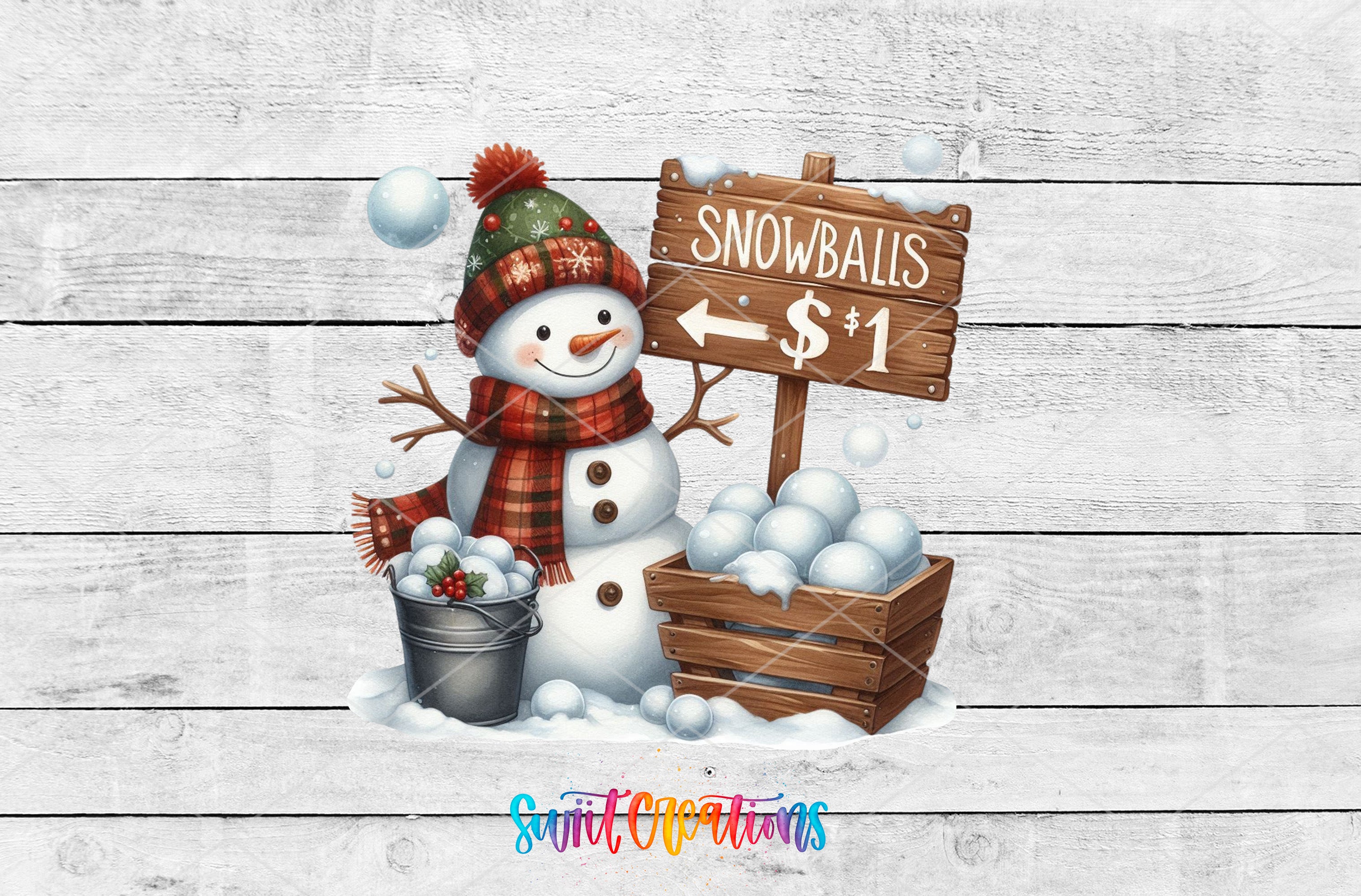 A cheerful snowman holding a sign that reads "Snowballs $1" stands next to a bucket filled with snowballs, with a wooden crate nearby.