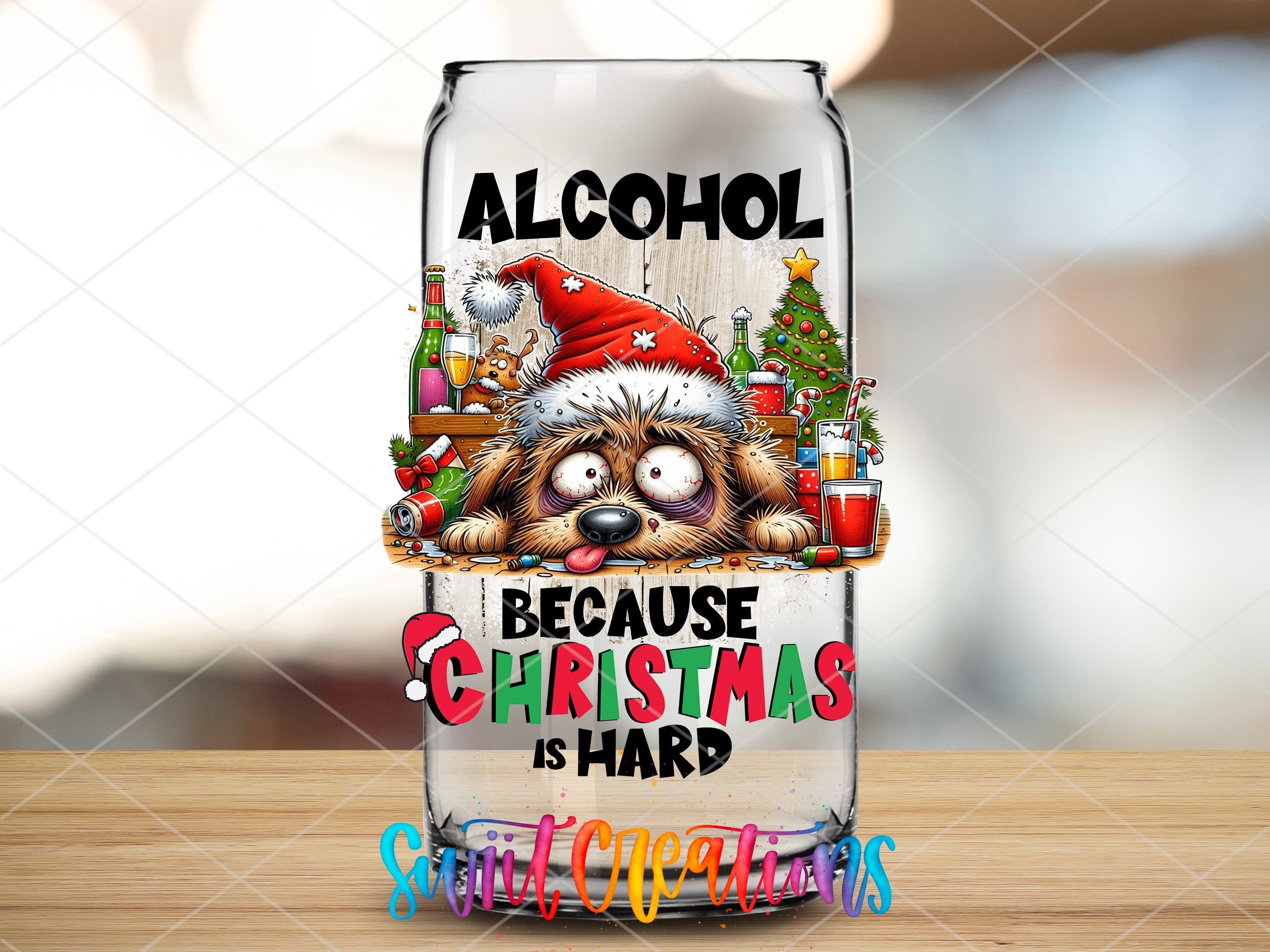 a can of alcohol with a dog wearing a santa hat
