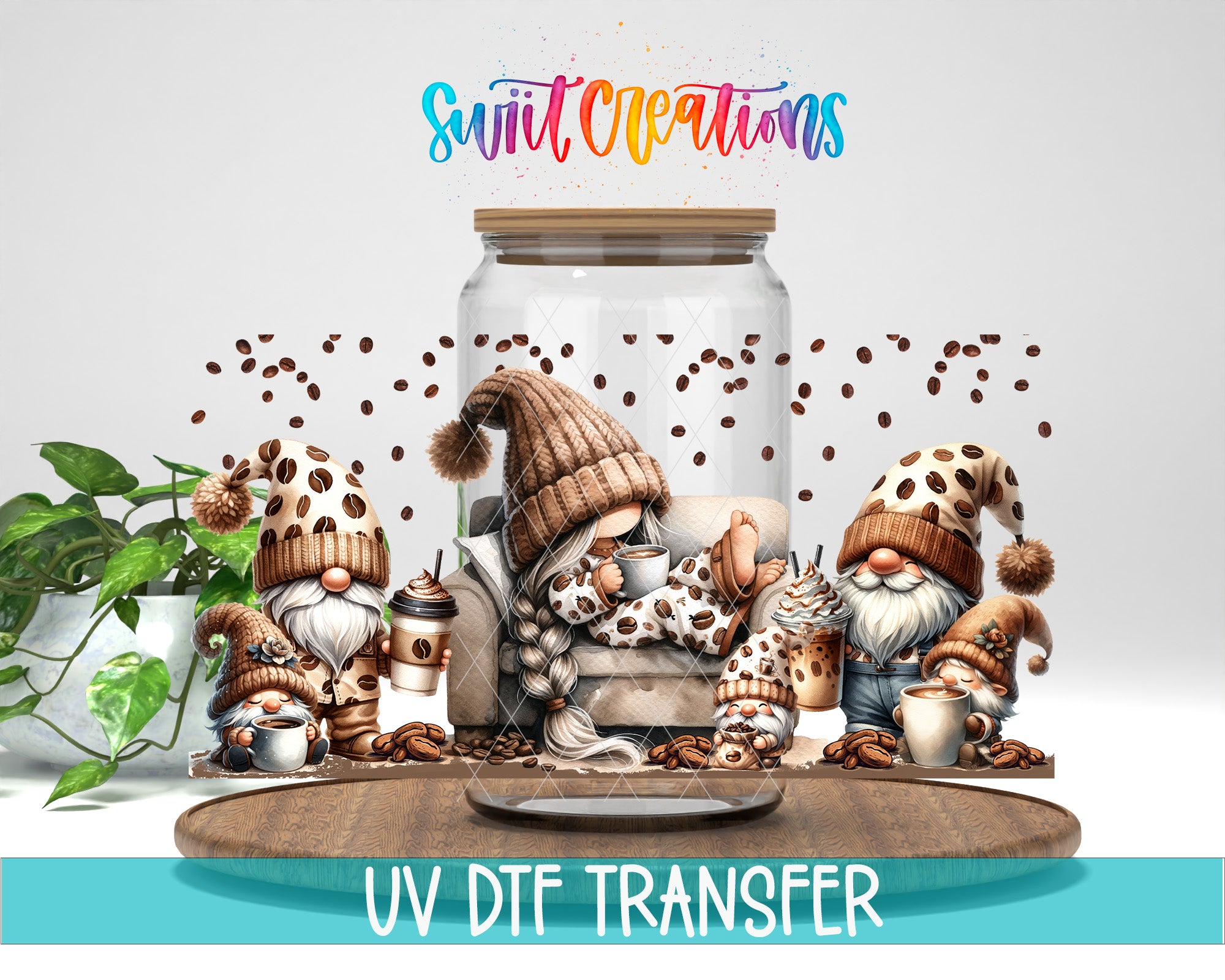 A group of whimsical gnomes wearing hats and scarves, with coffee cups and a jar of coffee beans, arranged on a wooden surface. The text "Swift Creations" is displayed above the gnomes, and "UV DFT Transfer" is written at the bottom of the image.