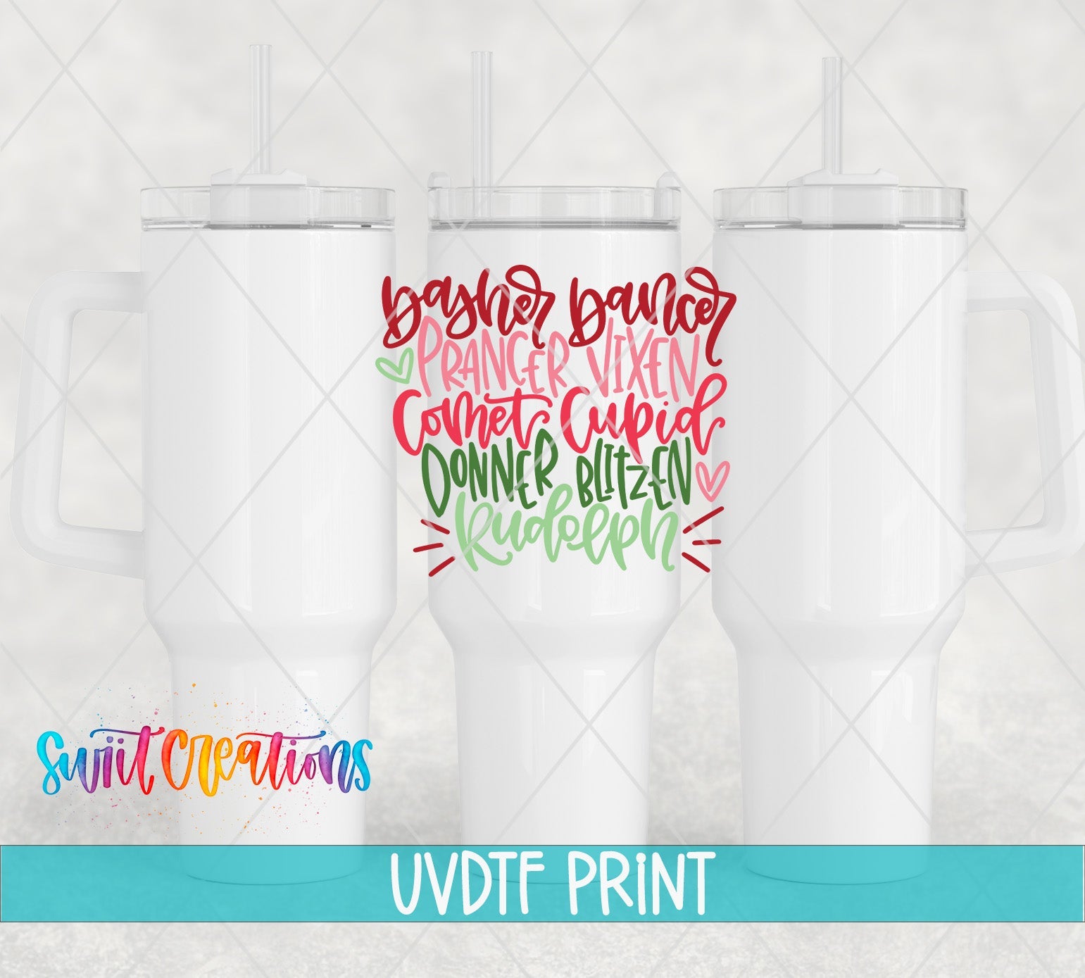 three white coffee mugs with colorful lettering on them