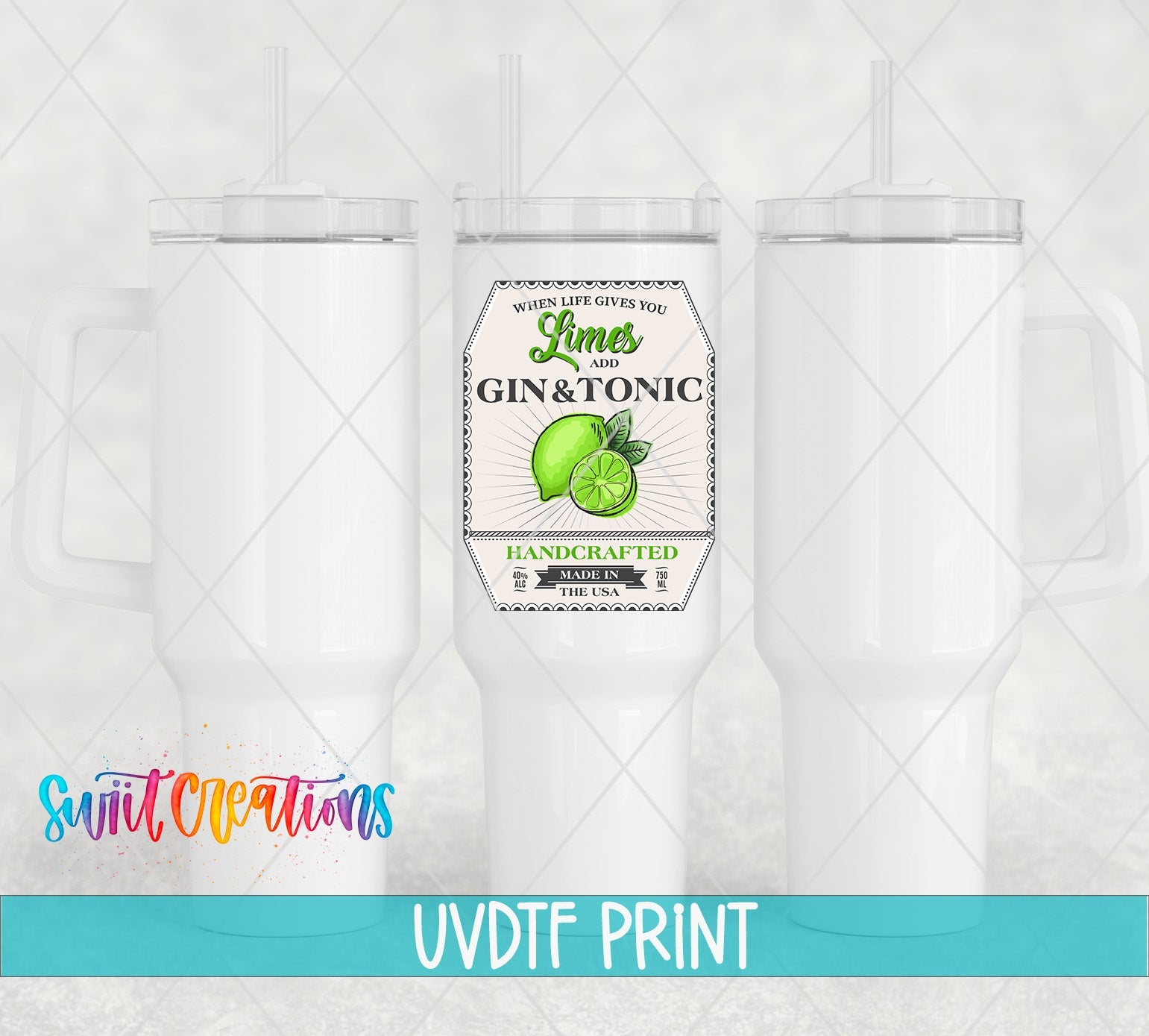 a set of three white tumblers with a green apple on them