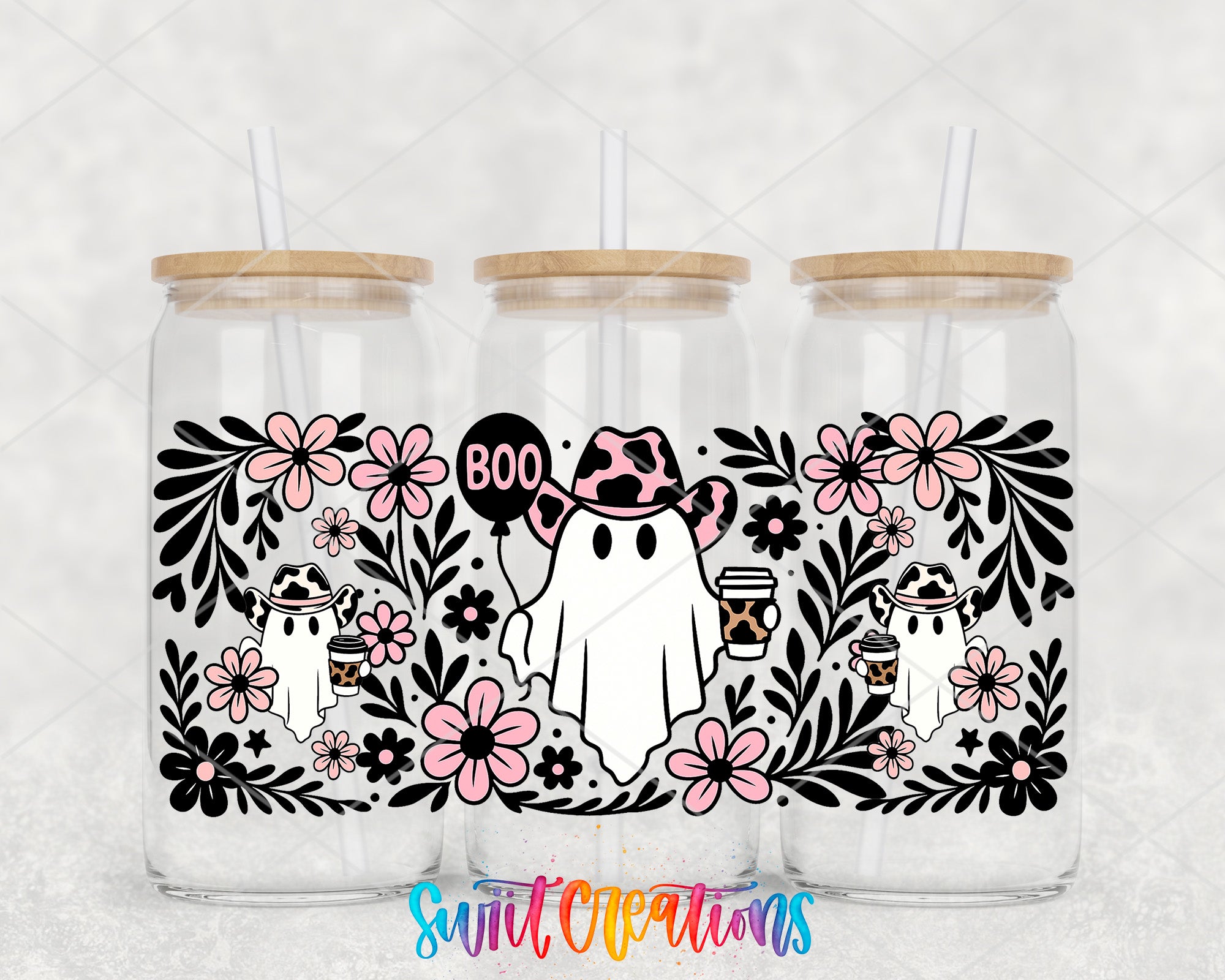 A trio of glass tumblers with a whimsical, floral-themed design featuring a ghost character wearing a cowboy hat and holding a coffee cup.