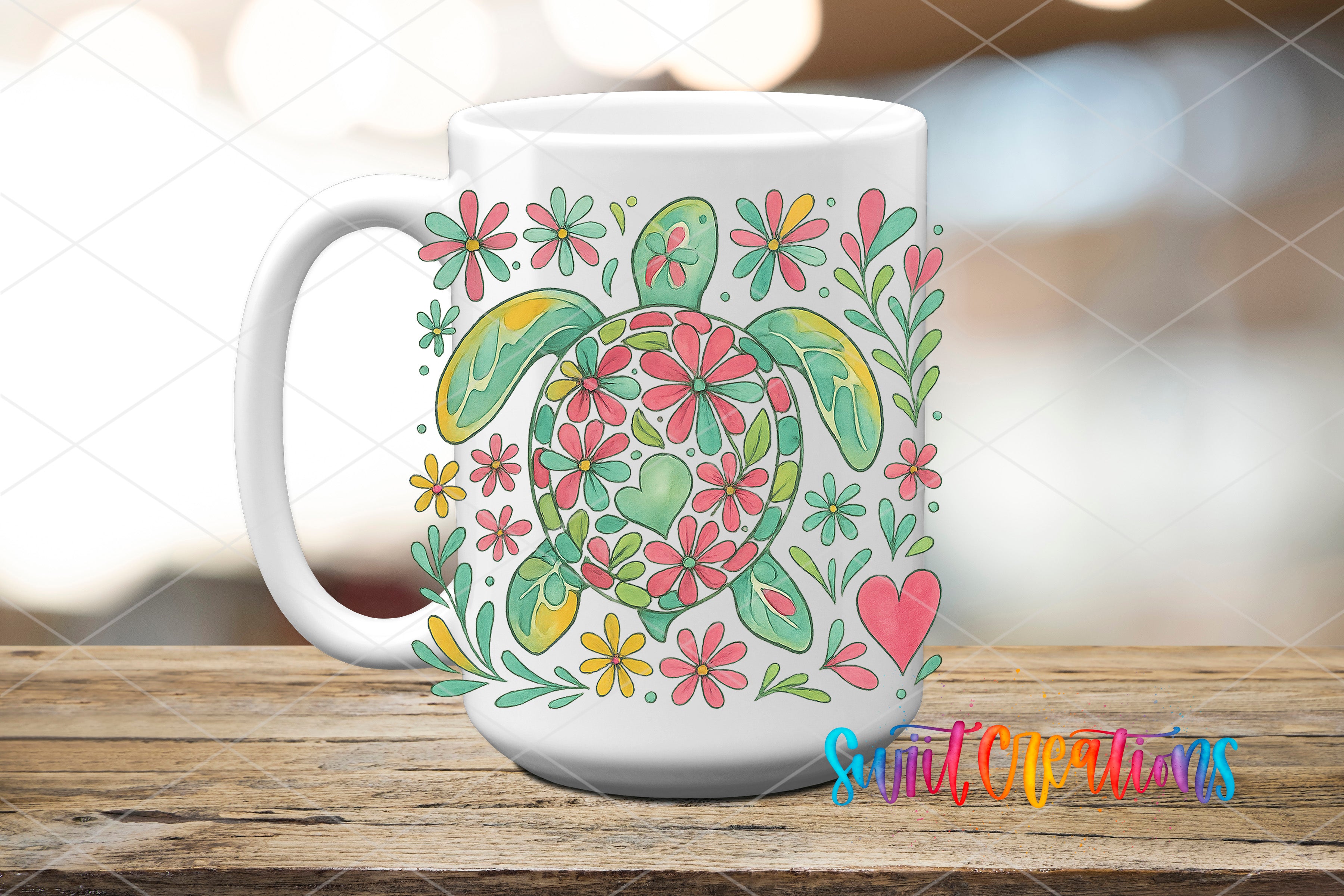 A white ceramic mug with a colorful floral design featuring a turtle and various flowers and leaves.